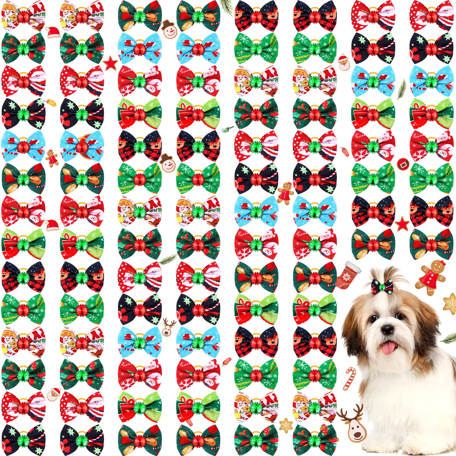 Tondiamo 100 Pack Christmas Dog Bows For Dogs Christmas Hair Bows With Rubber Bands Puppy Hair Bows Rhinestone Dog Bows Grooming