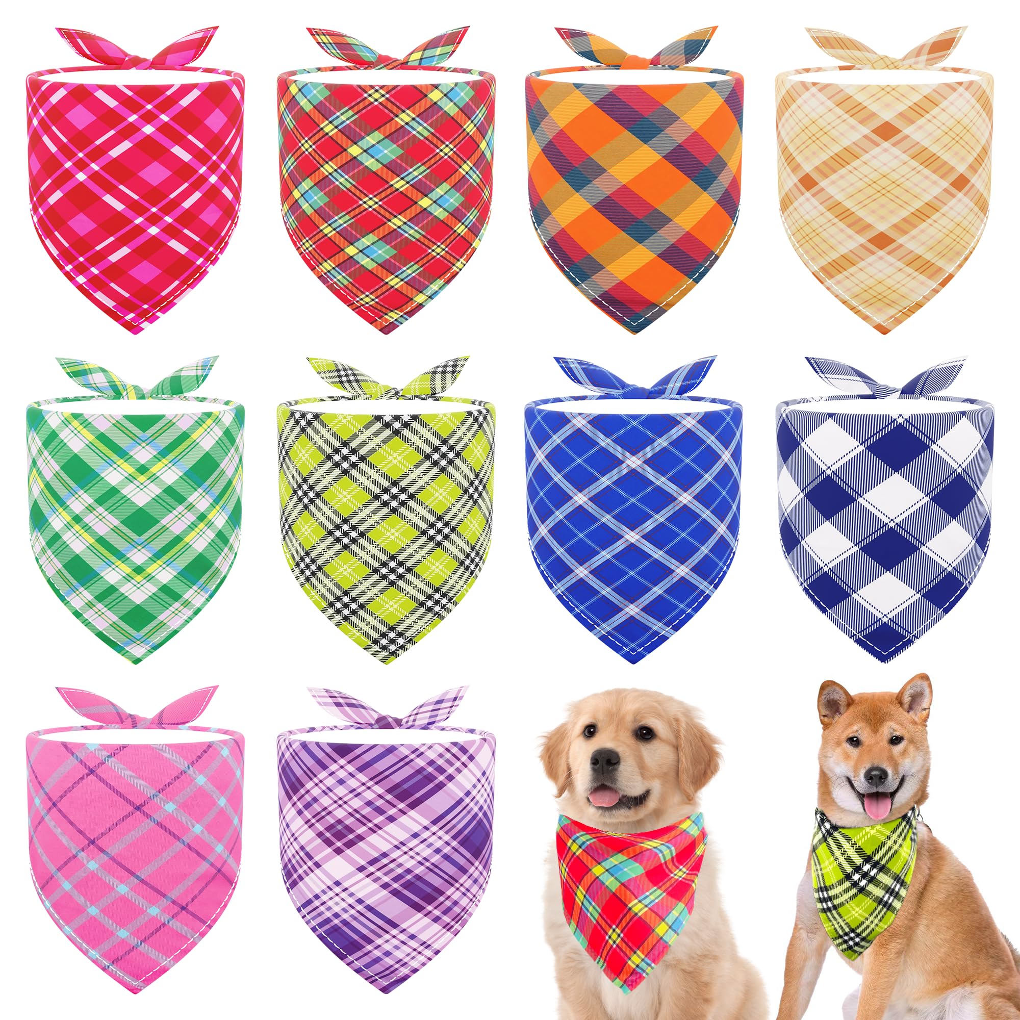 JpGdn 10PCS Dog Bandanas Plaid for Medium Breed Kerchief Washable Triangle Bibs Head Scarves Scarfs for Boys and Girls Grooming 