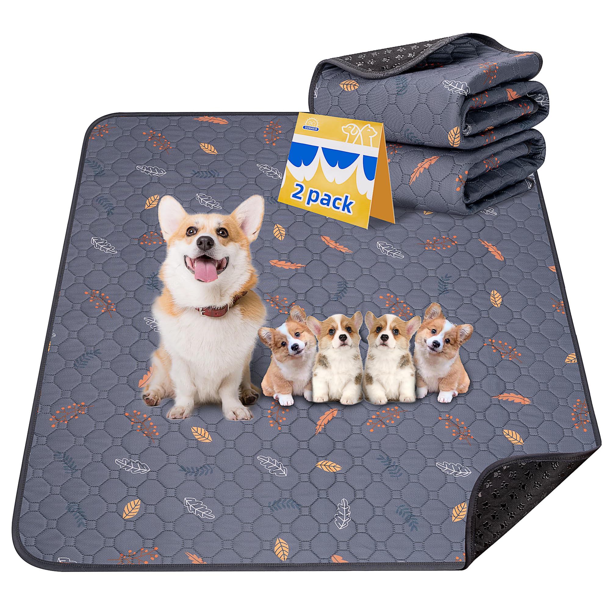 Sunheir Washable Pee Pads For Dogs 2-Pack Reusable Puppy Pads Pet Training Pads, Waterproof Dog Pee Pads For Crate, Whelping Pad, Non-Slip Protects Against Urine Leakage (Leaves - Deep Grey, 24X36)