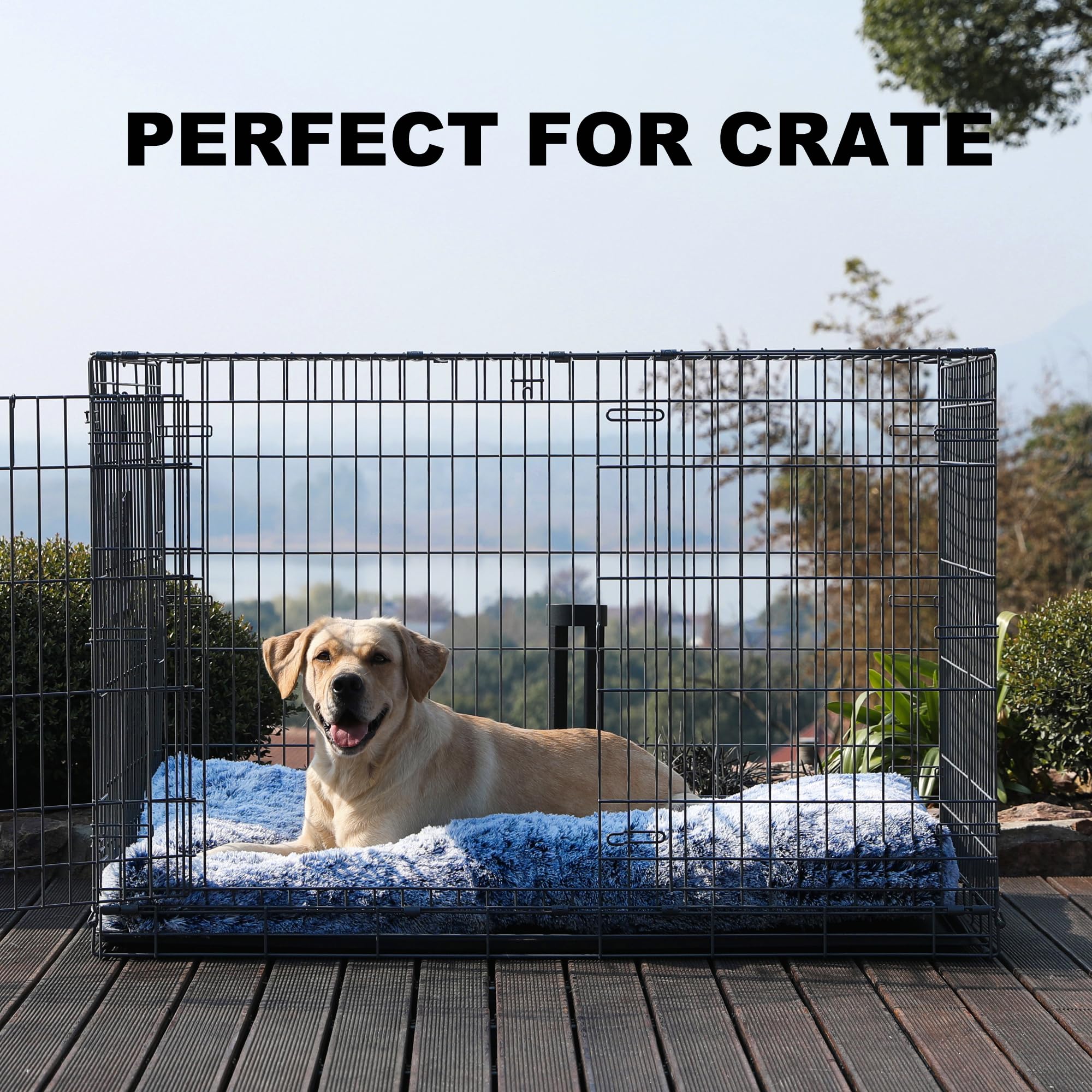 Bedfolks Plush Waterproof Dog Crate Bed, Removable Washable Cover, Faux Fur, 41''X27'', Dark Blue