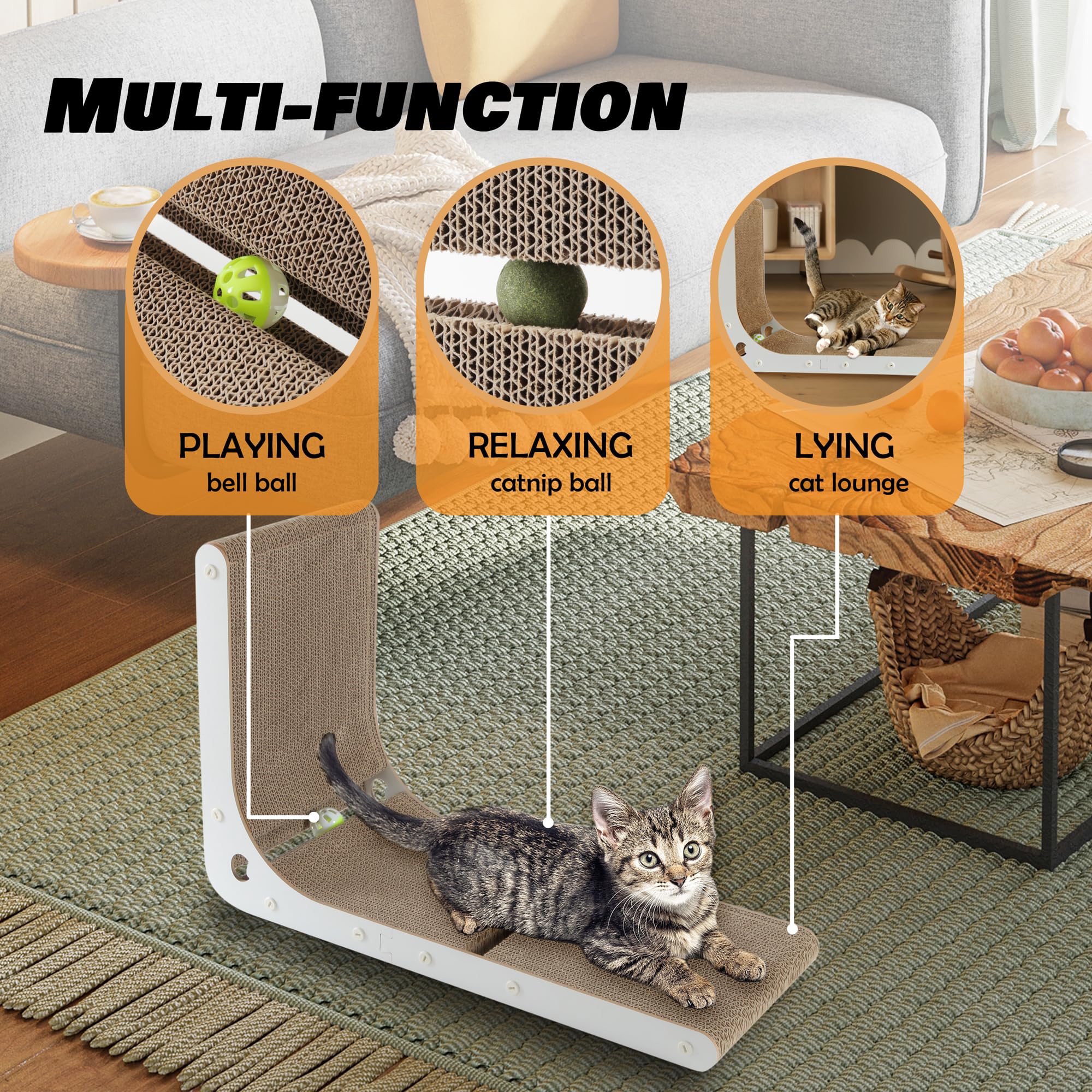 SMARTBEAN Cat Scratcher - 23.6" L-Shape Cardboard Scratching Board with Catnip Balls, Brown, Model SB0008, Wall-Mount for Indoor Cats