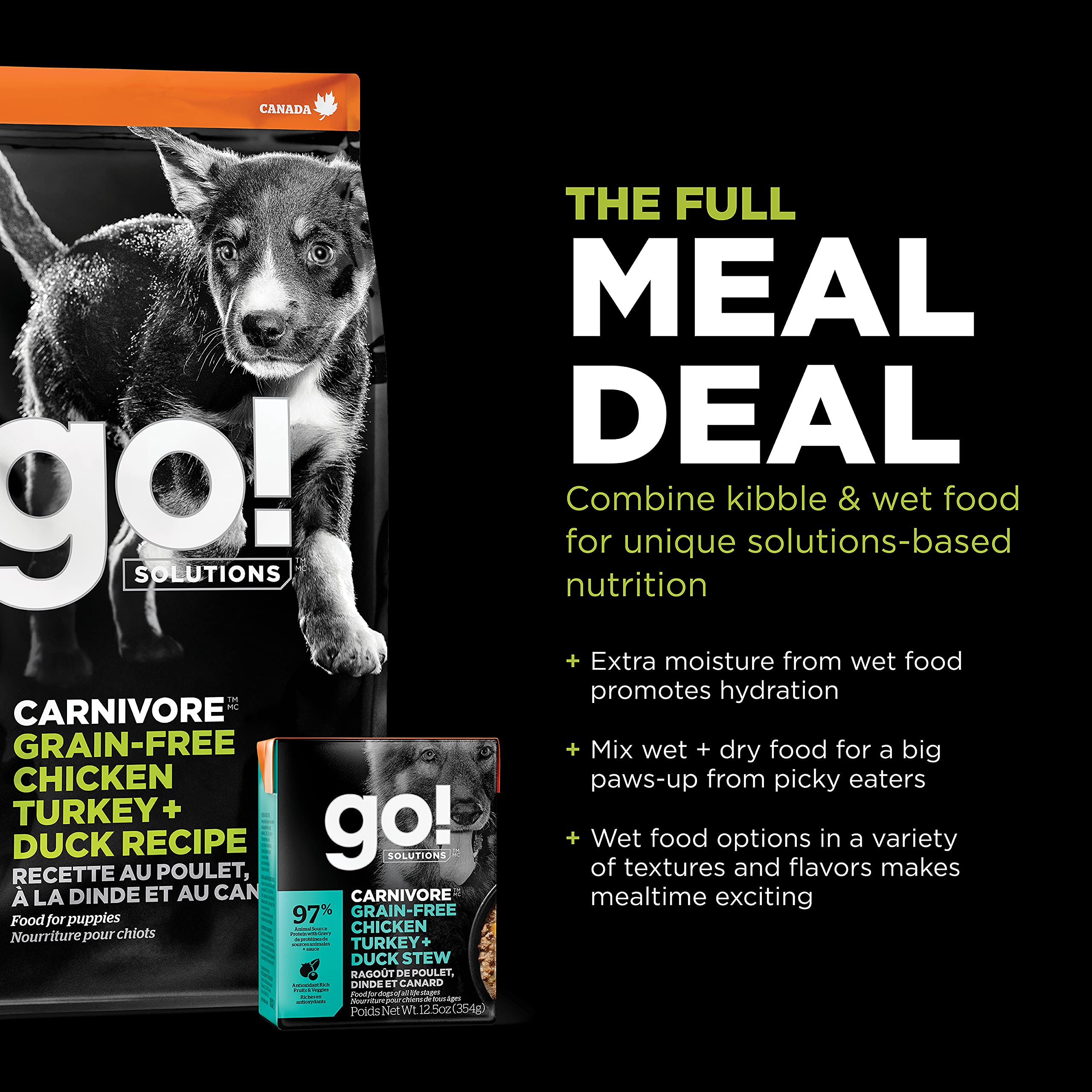GO! SOLUTIONS Carnivore Grain Free Dog Food for Puppies, 22 lb - Chicken, Turkey + Duck Recipe - Protein Rich Puppy Food - Compl