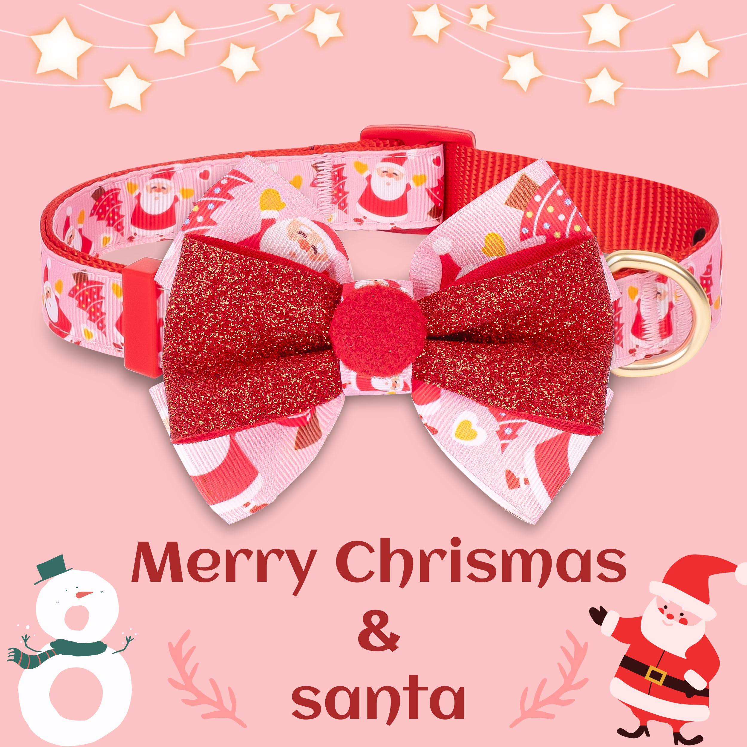 Azuza Christmas Dog Collar With Santa Print And Removable Red & Pink Bowtie, Adjustable Collar Accessory For Medium Dogs