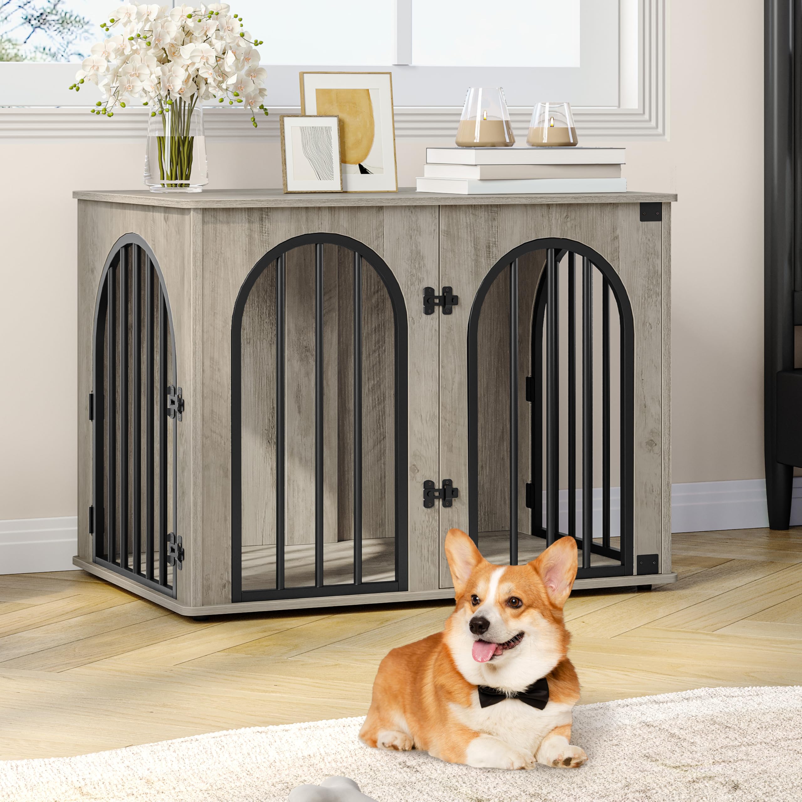 Hzuaneri 31.5 Wooden Dog Crate Furniture, Indoor Dog Kennel Dogs Cage for Small/Medium Dogs, Heavy Duty Dog Crates Decorative