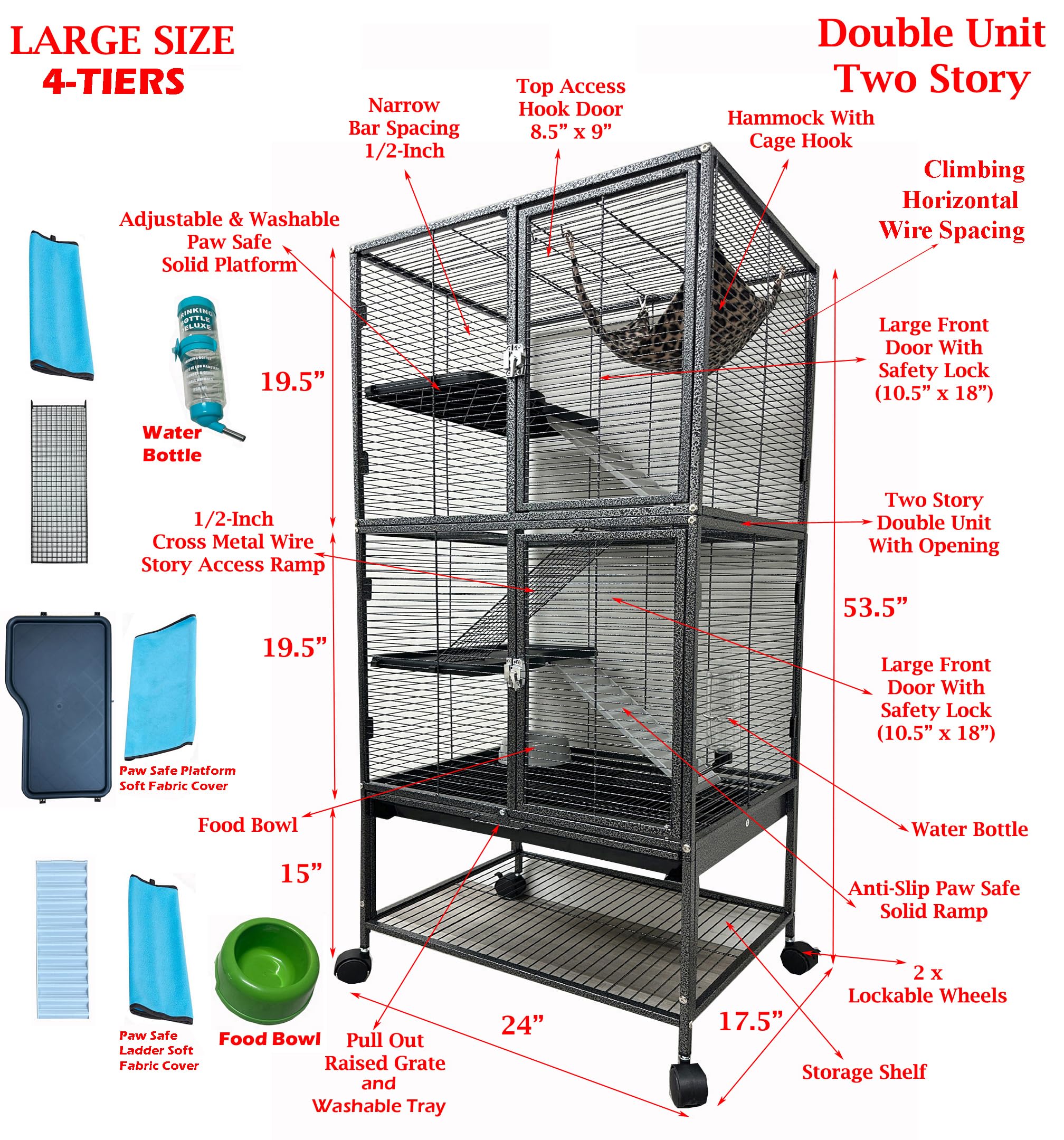 Large Deluxe Double Unit 4-Floors Tight 1/2-Inch Bar Spacing Durable Front Doors For Feisty Ferret Chinchilla Rat Mouse Hamster