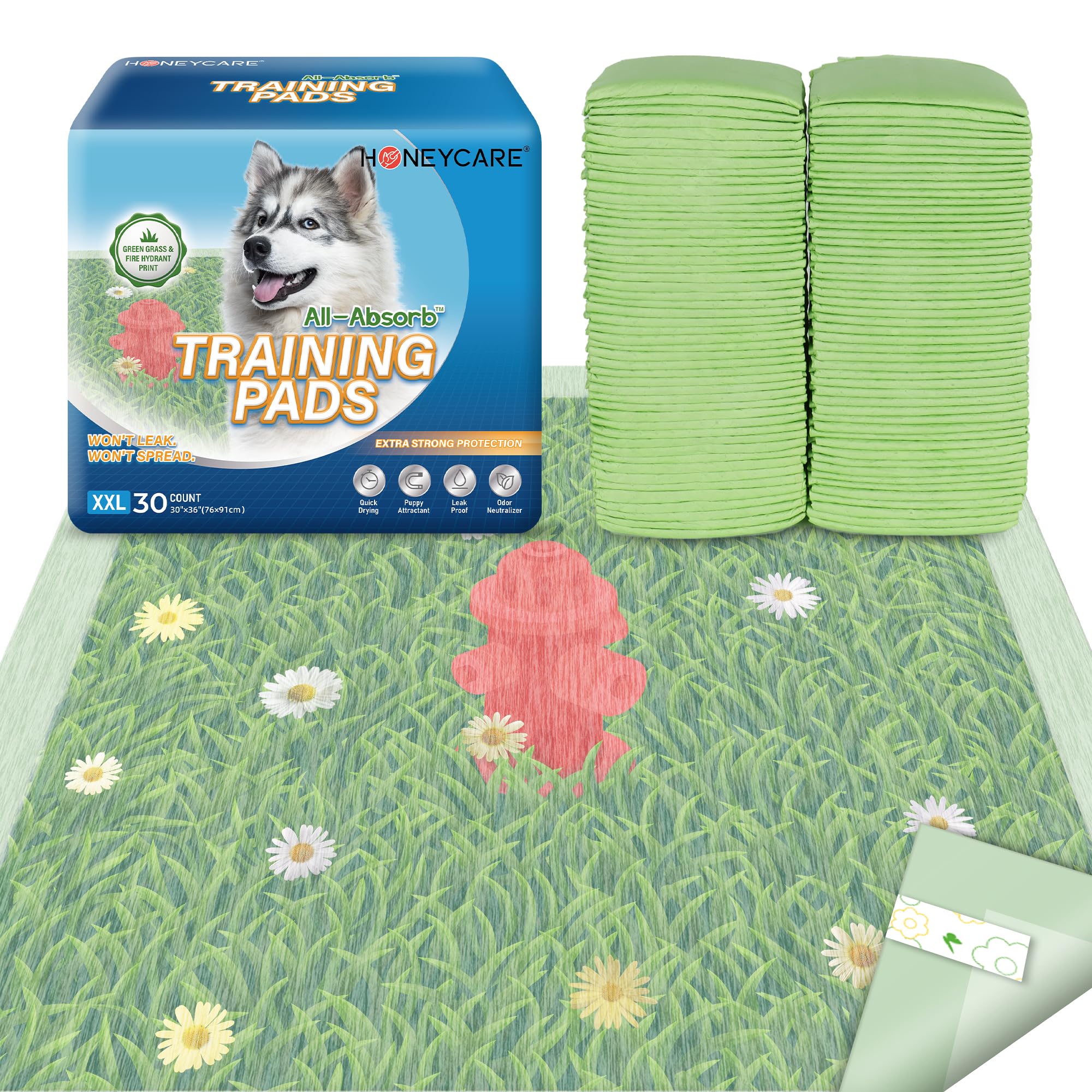 HONEYCARE Dog Training Pads with Grassfield & Fire Hydrant Printing?Eliminating Urine Odor Puppy Pads ? XXL Premium Dog Pee Pads