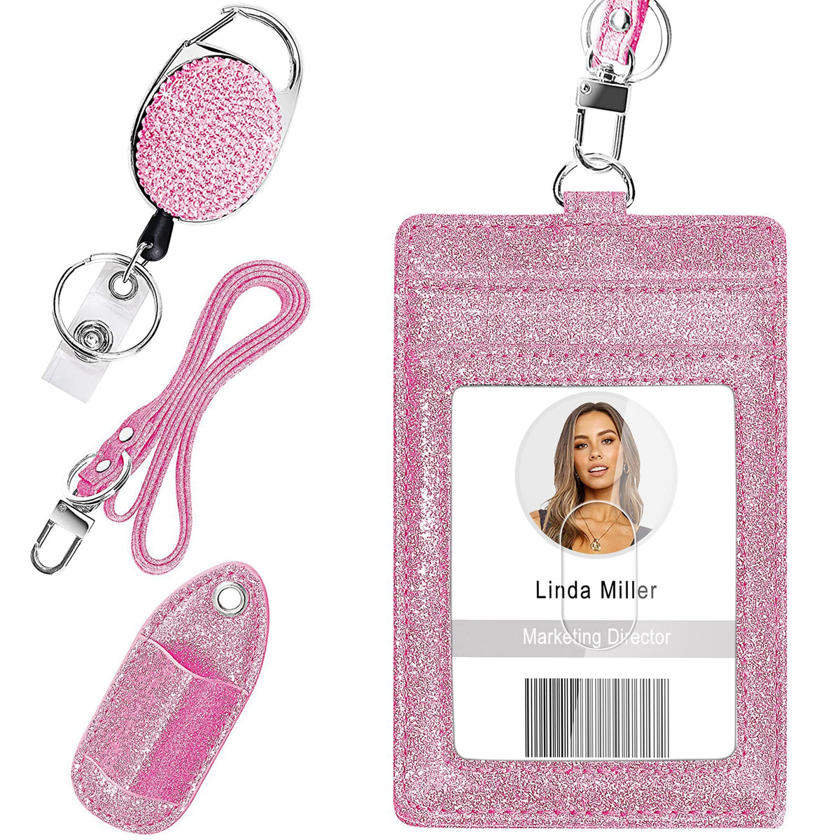Retractable Id Badge Holder, Multipurpose Bling Rhinestone Badge Reel With Belt Clip Key Ring, Shiny Pu Leather Badge Holder Wit