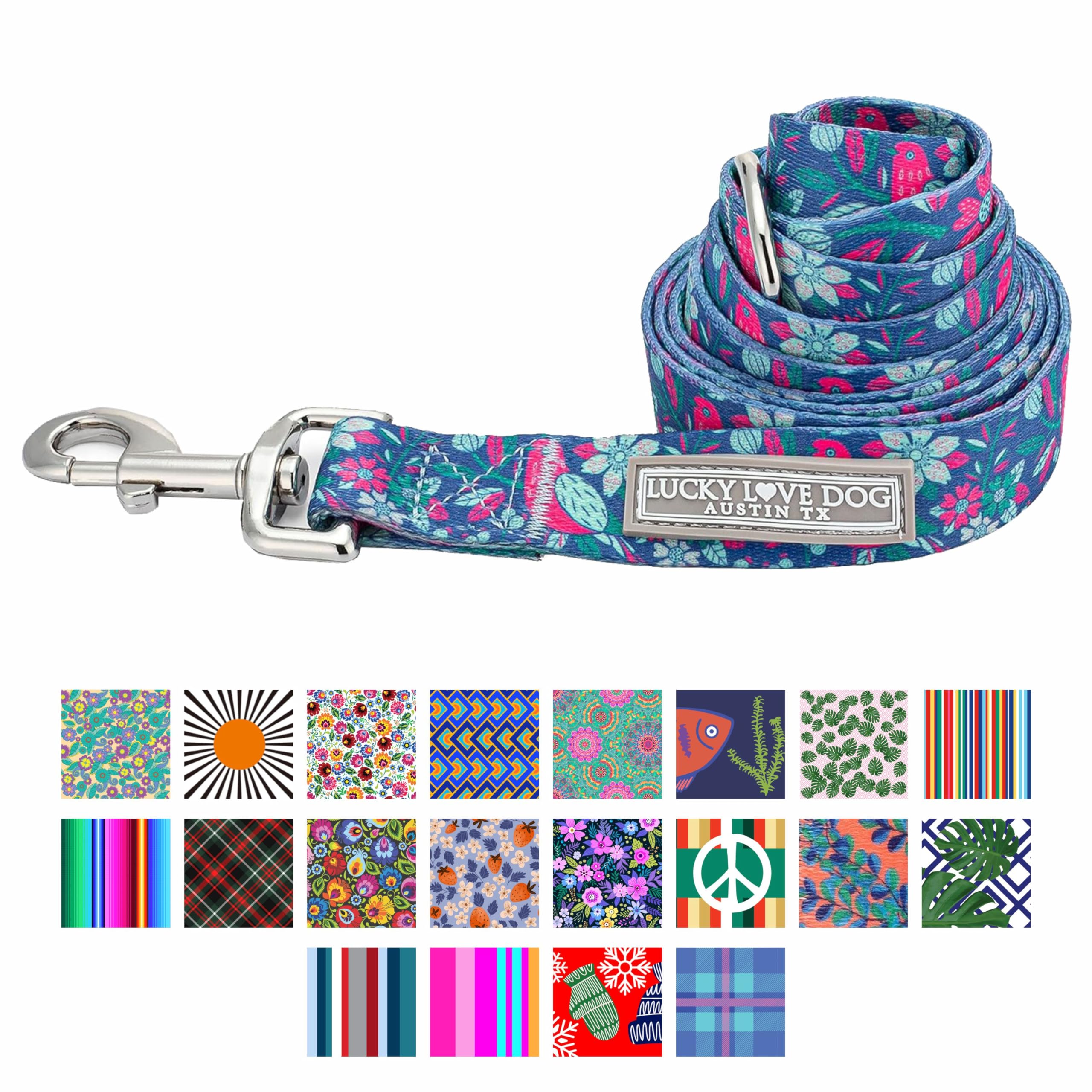 Lucky Love Dog, Whimsical Bird Dog Leash, Vivid Pink, Mint, Blue Flowers Large Leash For Female Male Dogs - (L, Carriebelle Leash)