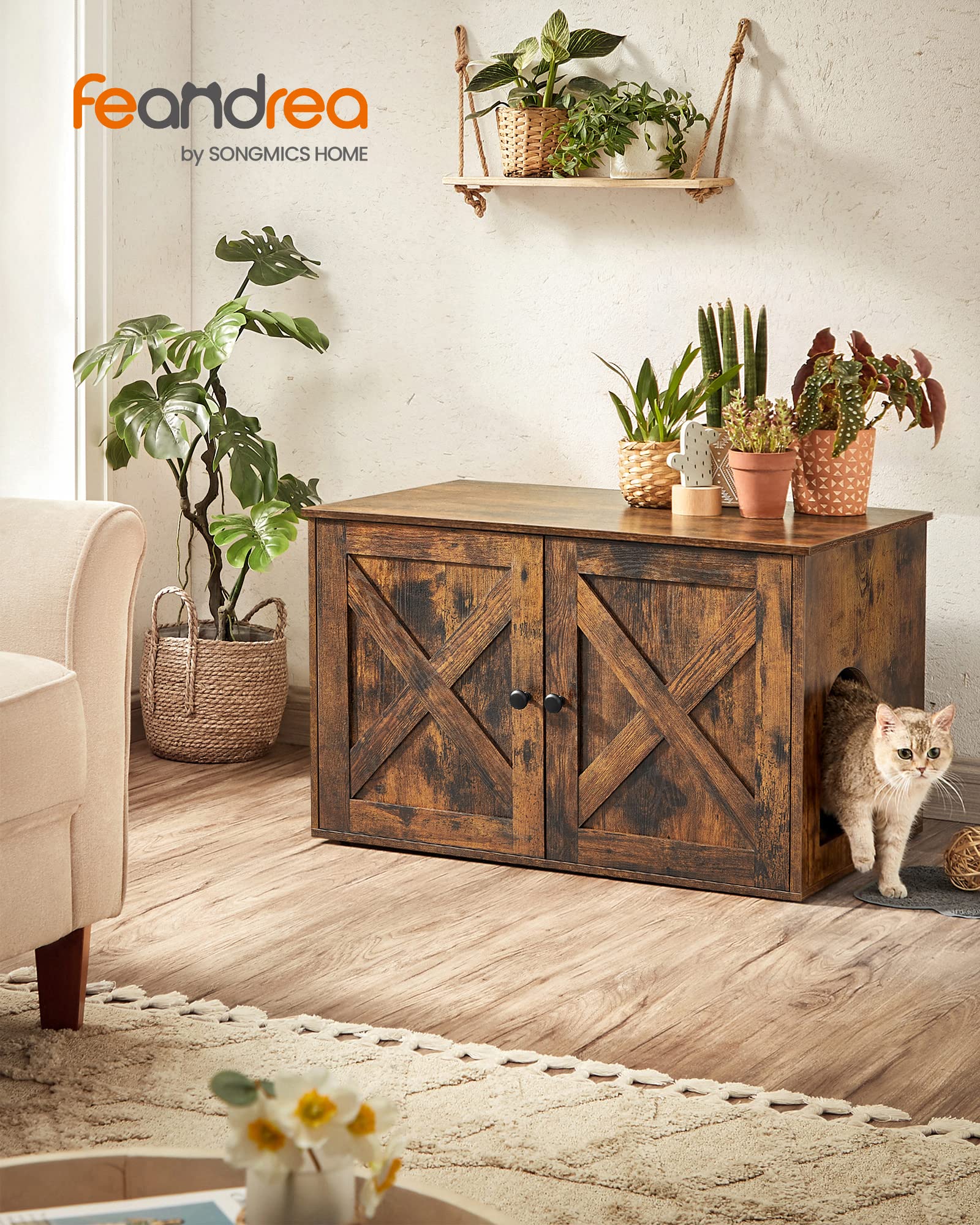 Feandrea Cat Litter Box Enclosure, Litter Box Furniture Hidden With Removable Divider, Indoor Cat House, End Table, 31.5 X 20.9