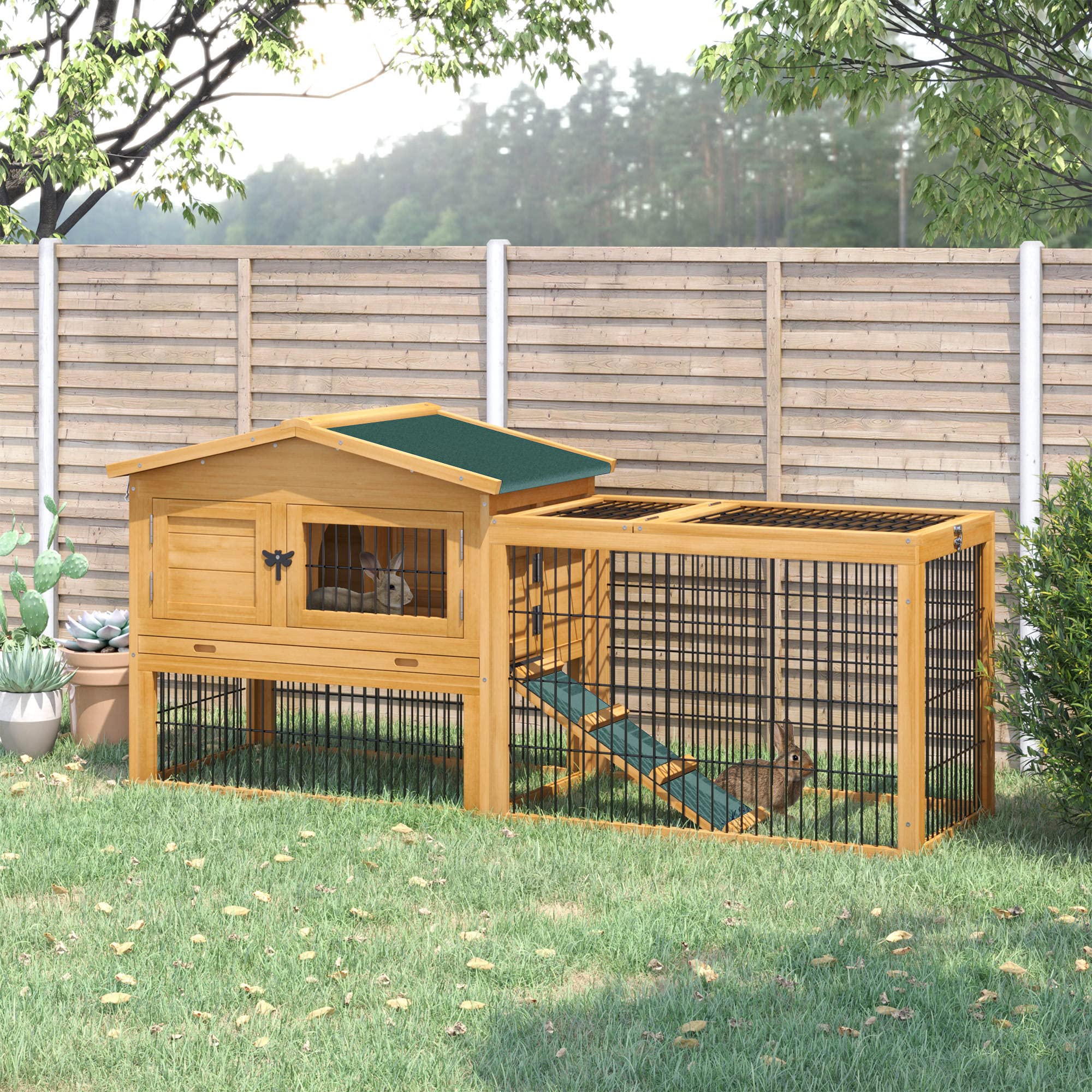 Pawhut Rabbit Hutch, 2 Story Outdoor Bunny Cage With Slide-Out Tray, Run Cage, Openable Top For Rabbits, Guinea Pig, Yellow