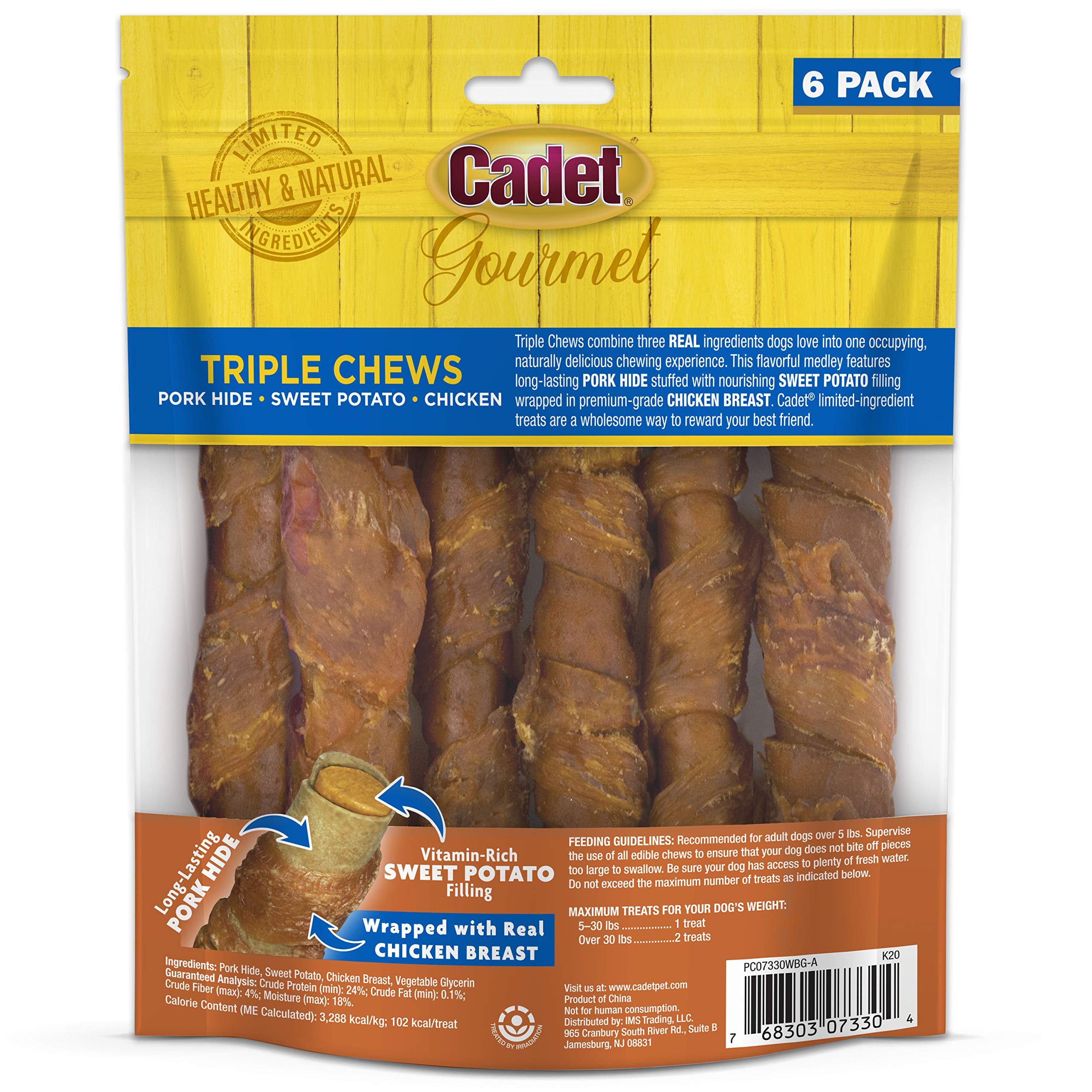 Cadet Gourmet Triple Chews Dog Treats - Long-Lasting Pork Hide Sticks with Sweet Potato & Chicken, 6.3 oz, Healthy for Small & Large Dogs