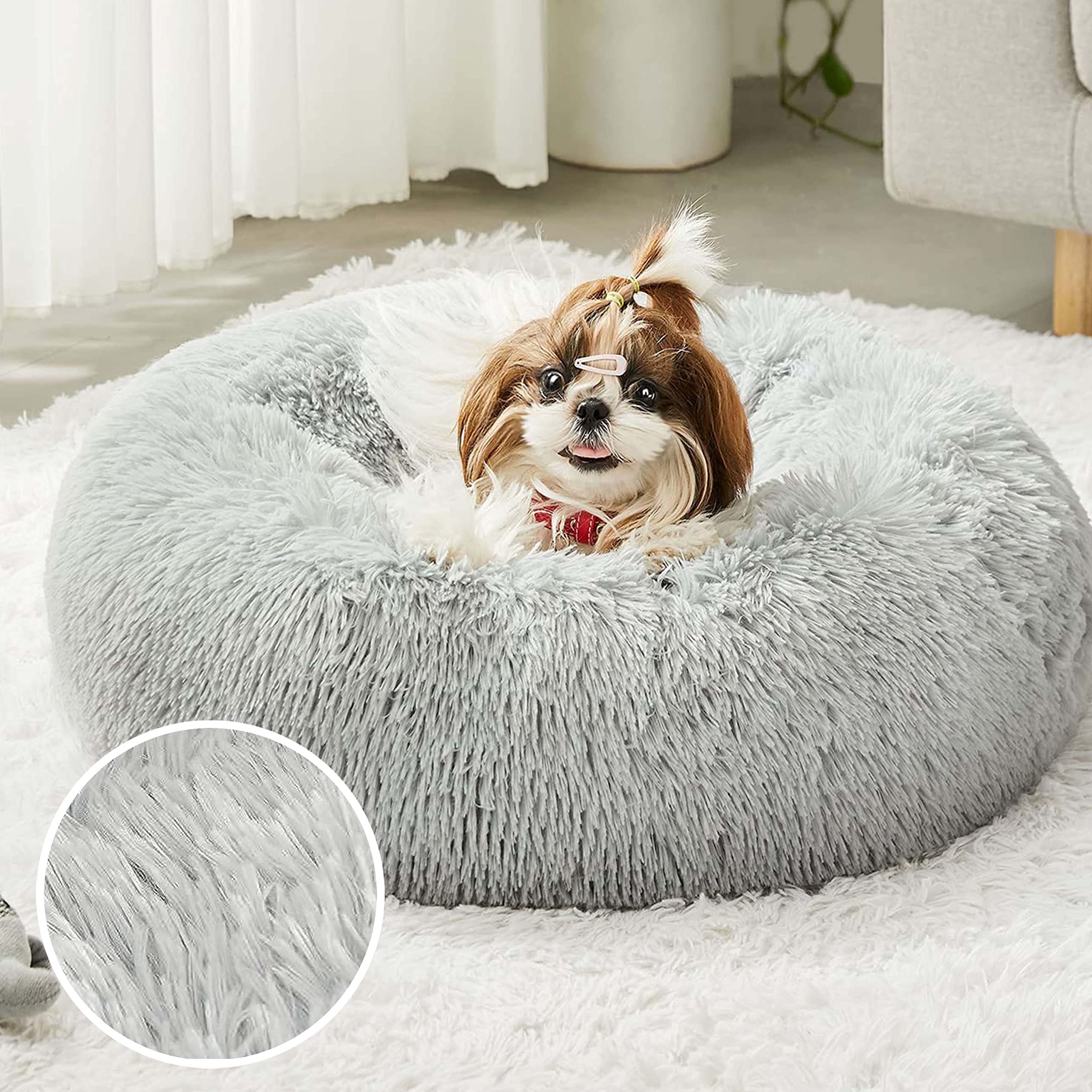 Calming Dog Bed & Cat Bed, Anti-Anxiety Donut Cuddler Beds, Cozy Soft Round Beds, Fluffy Faux Fur Plush Bed For Small Medium Dog