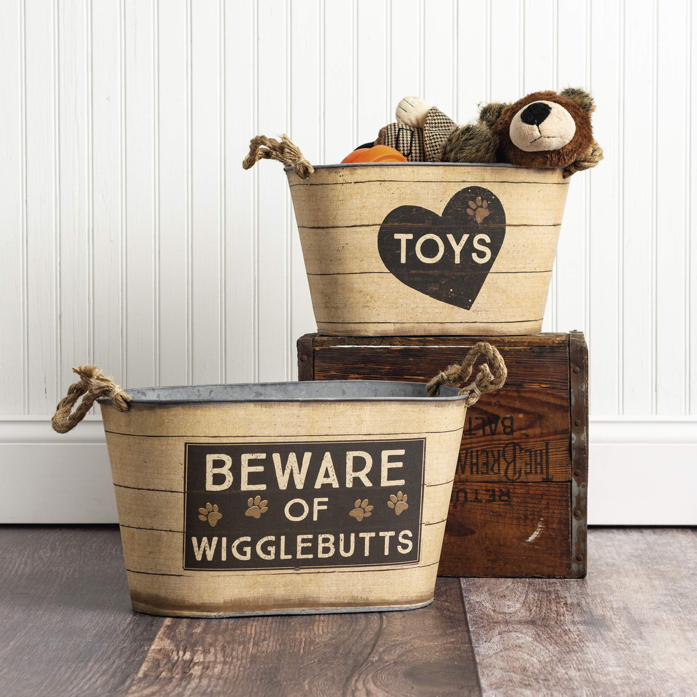 Primitives by Kathy Rustic Pet Tin Bins - Dog Food & Toy Storage Set, Toys & Beware of Wigglebutts Themed Containers