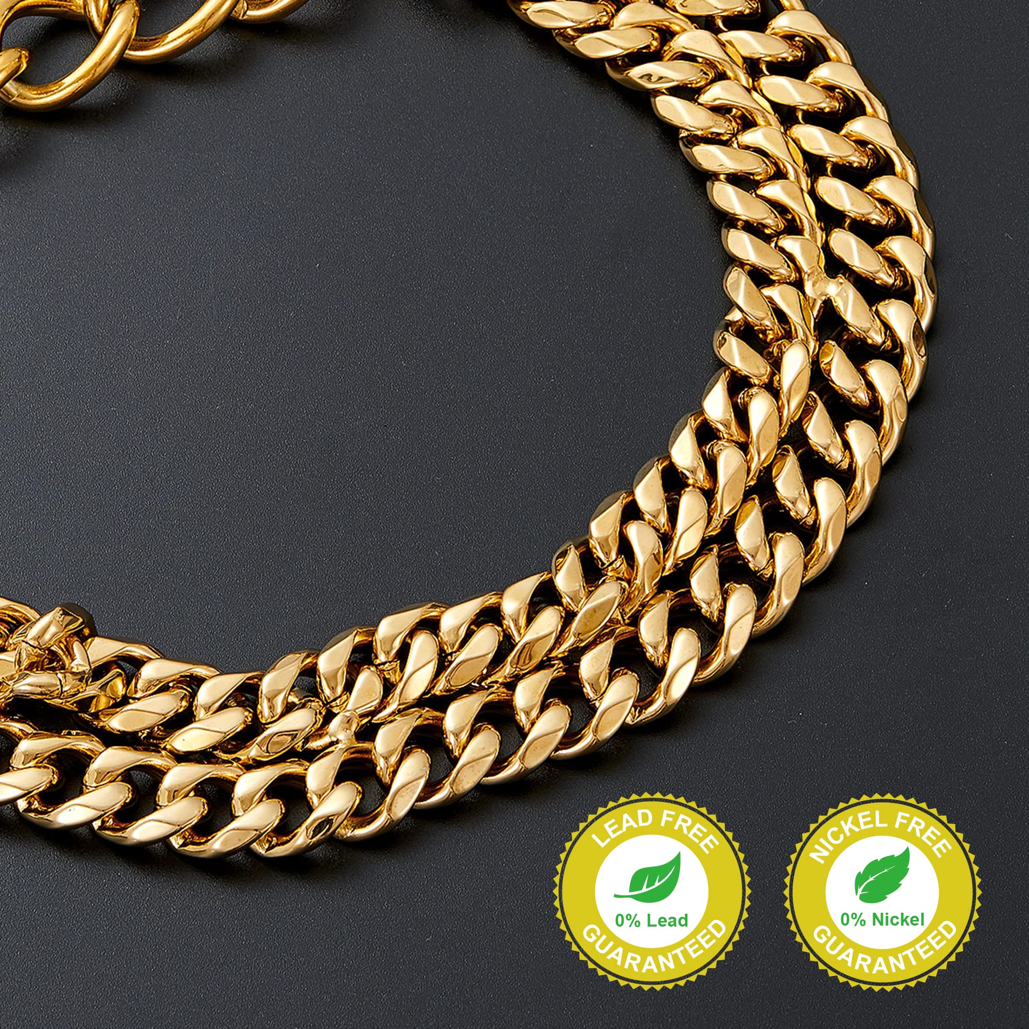 W/W Lifetime Gold Dog Chain Collar Walking Metal Chain Collar with Design Secure Buckle,18K Cuban Link Strong Heavy Duty Chew Pr