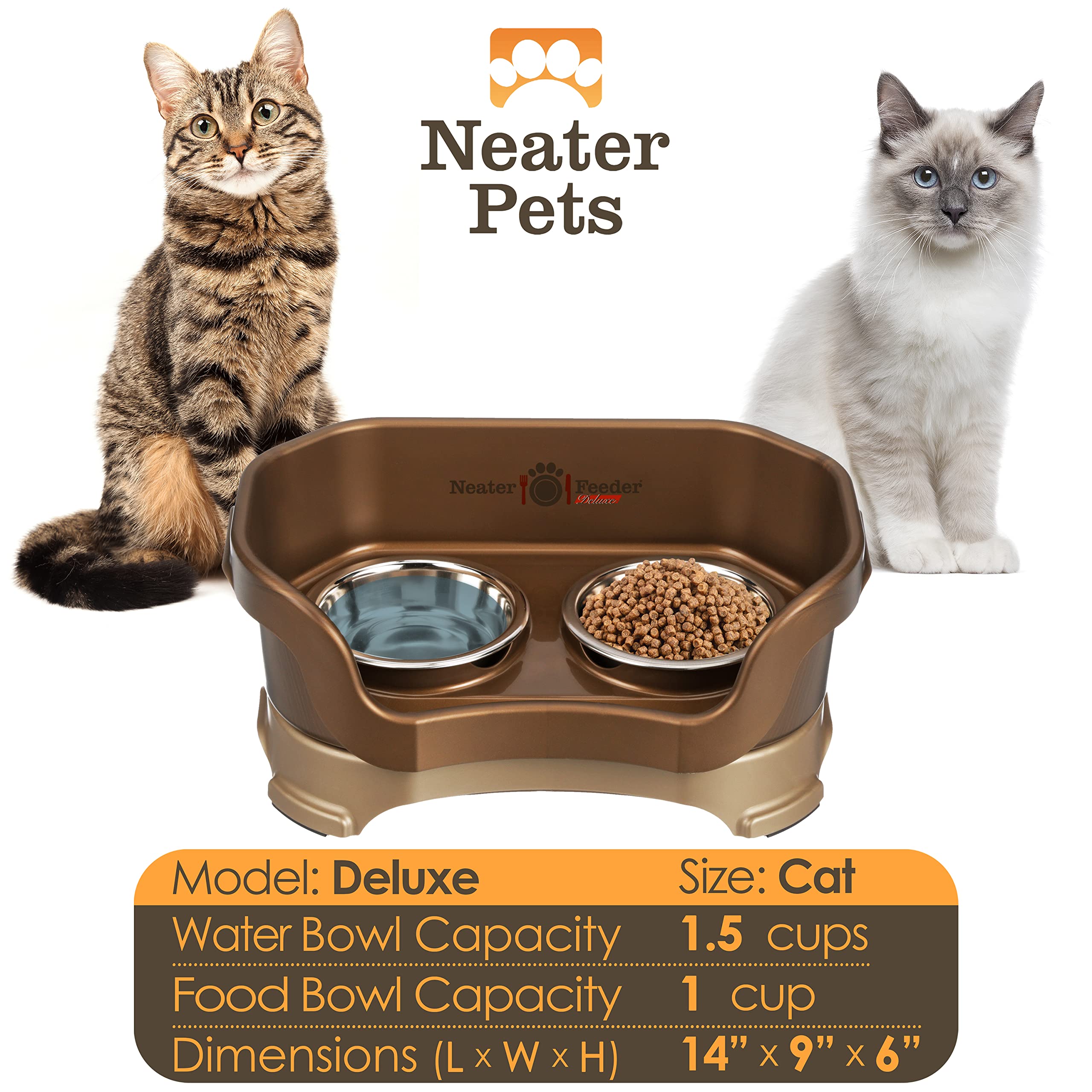 Neater Feeder Deluxe Mess Proof Cat Bowls Elevated for All Breeds - Made in USA - No Spill Raised Bowls for Indoor Cats - Stainl