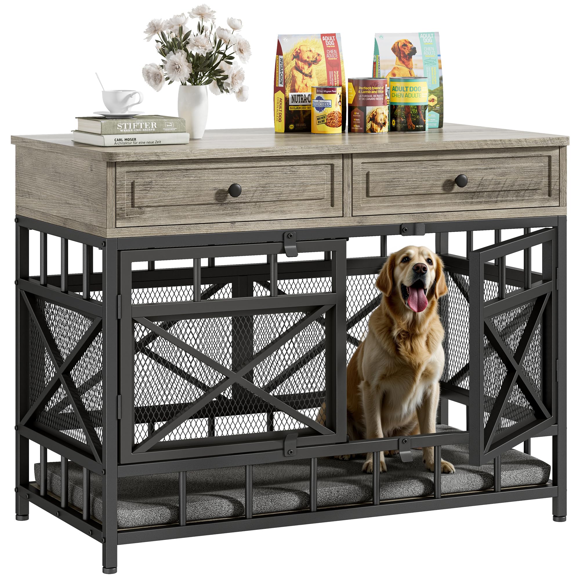 IRONCK 44 inch Large Dog Crate Furniture, Wooden Dog Kennel with Storage Drawers for Medium/Large Dogs, Decorative Dogs Kennel I
