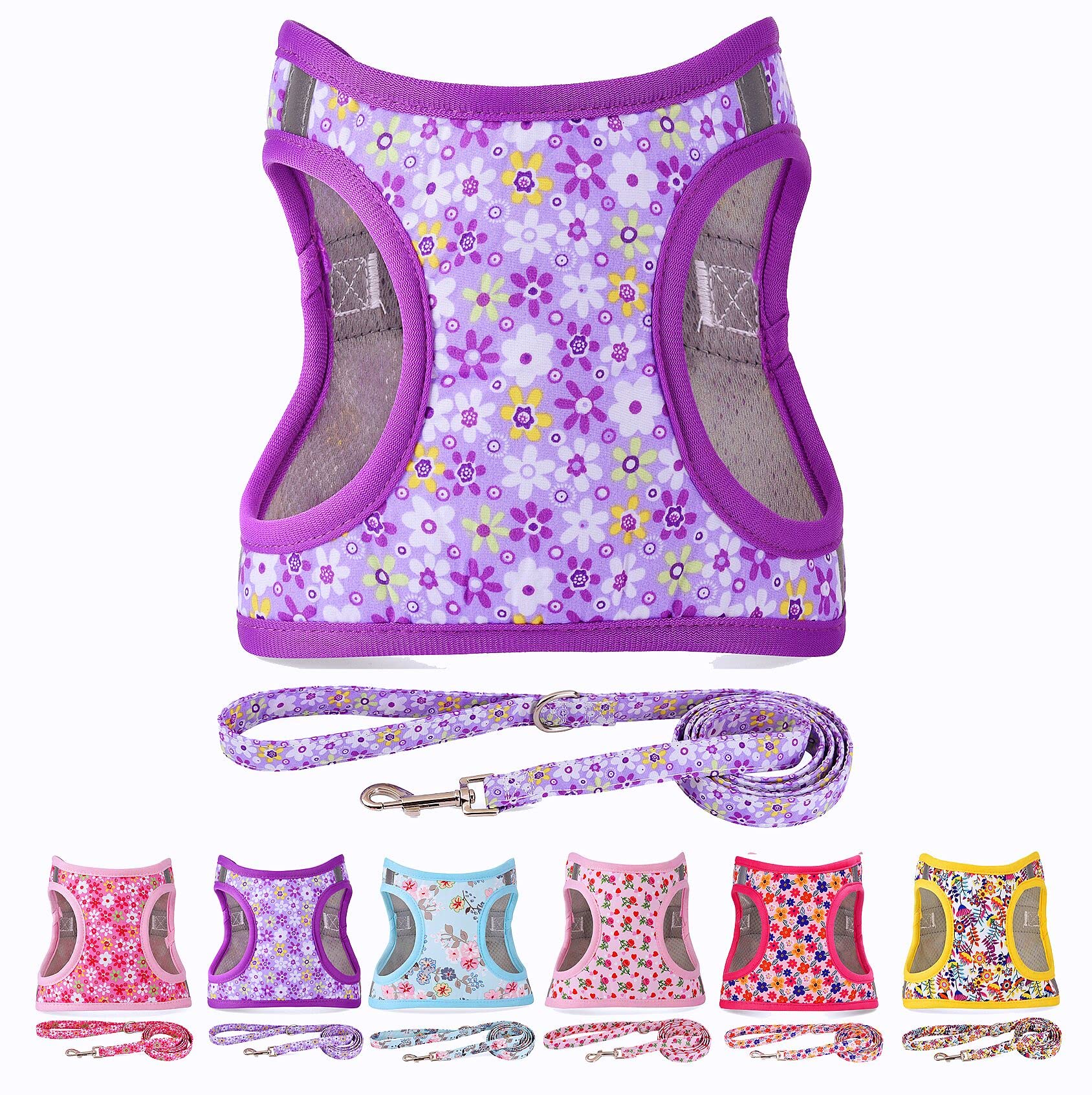 Moonpet Step In Air Dog Harness Leash Set- All Weather Reflective No-Pull Floral Pattern Padded Mesh Vest Harness For Cats Puppy Extra-Small Small Medium Large Dogs - Purple Flower - L