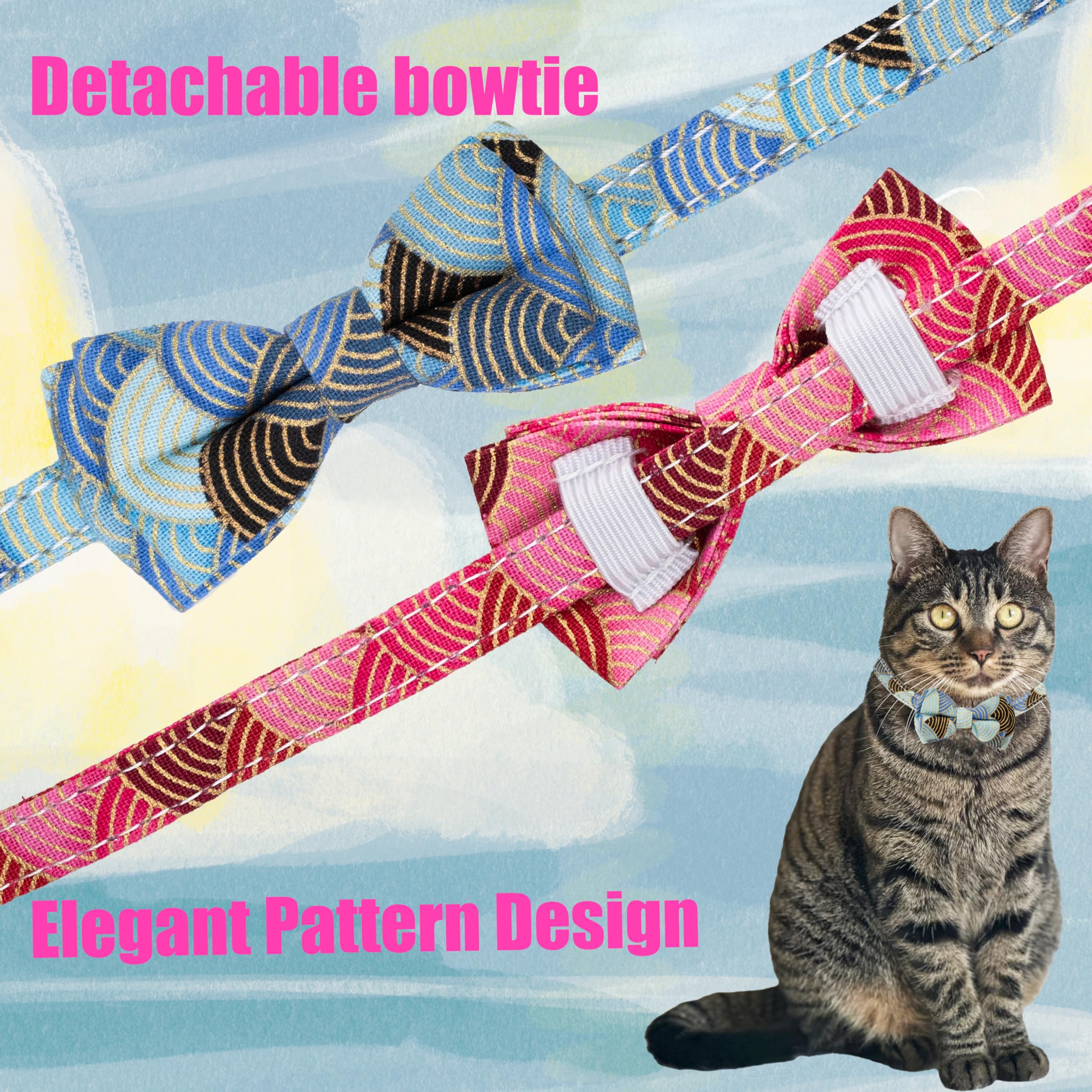 Gyapet Collar For Cat Pet Breakaway With Bell Bowtie Detachable Bow Adjustable Safety Kitten Puppy Girl Boy 2Pcs Kimono-Blue & P