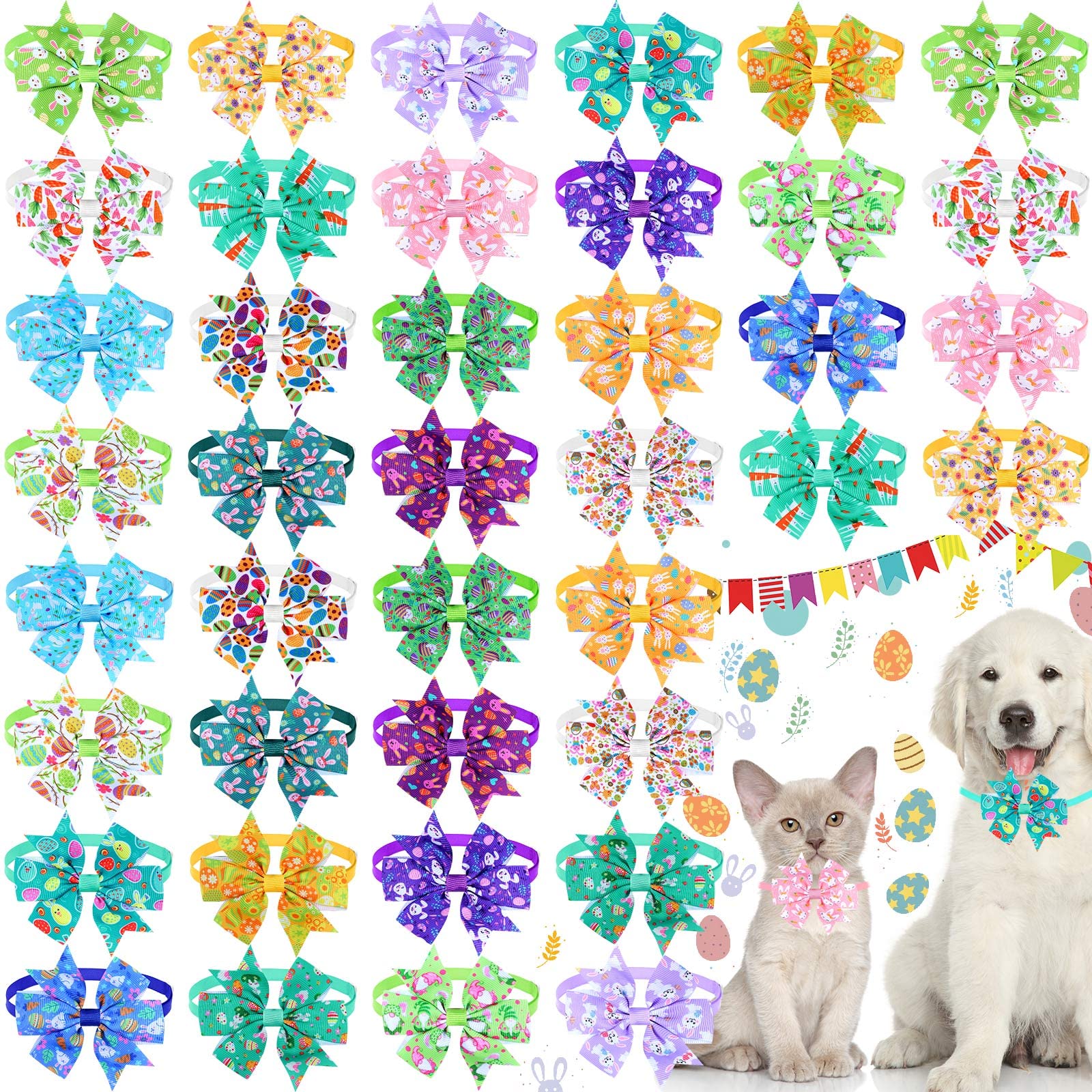 Talltalk 40 Pcs Easter Dog Collars For Dogs Bulk Bunny Spring Dog Collar Easter Grooming Bows With Plastic Buckle Elastic Cat Bo