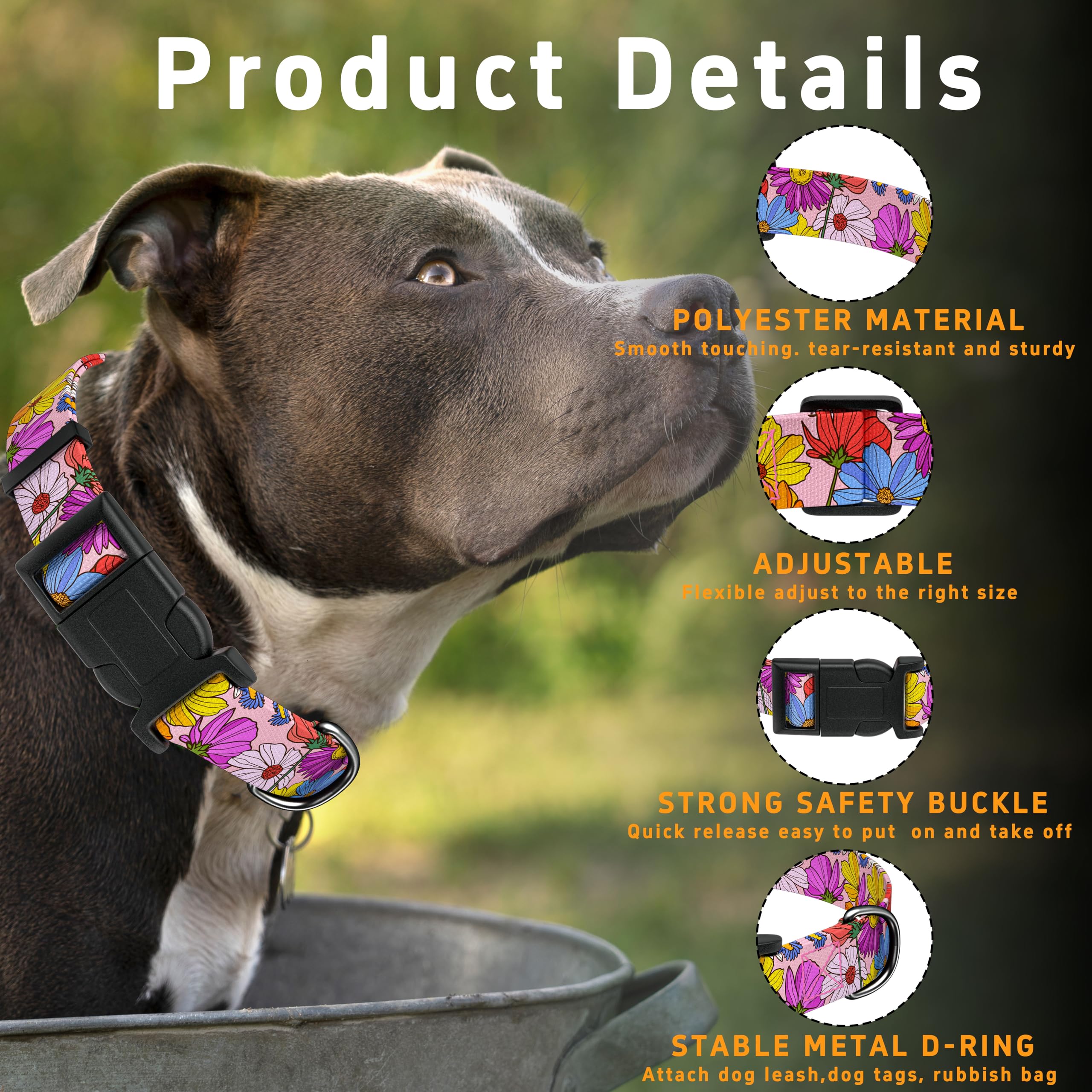 Seyezo Dog Collar, Pink Floral Boys Girls Puppy Collar For Small Medium Large Dogs, Adjustable Soft Floral Pet Collar With Safet