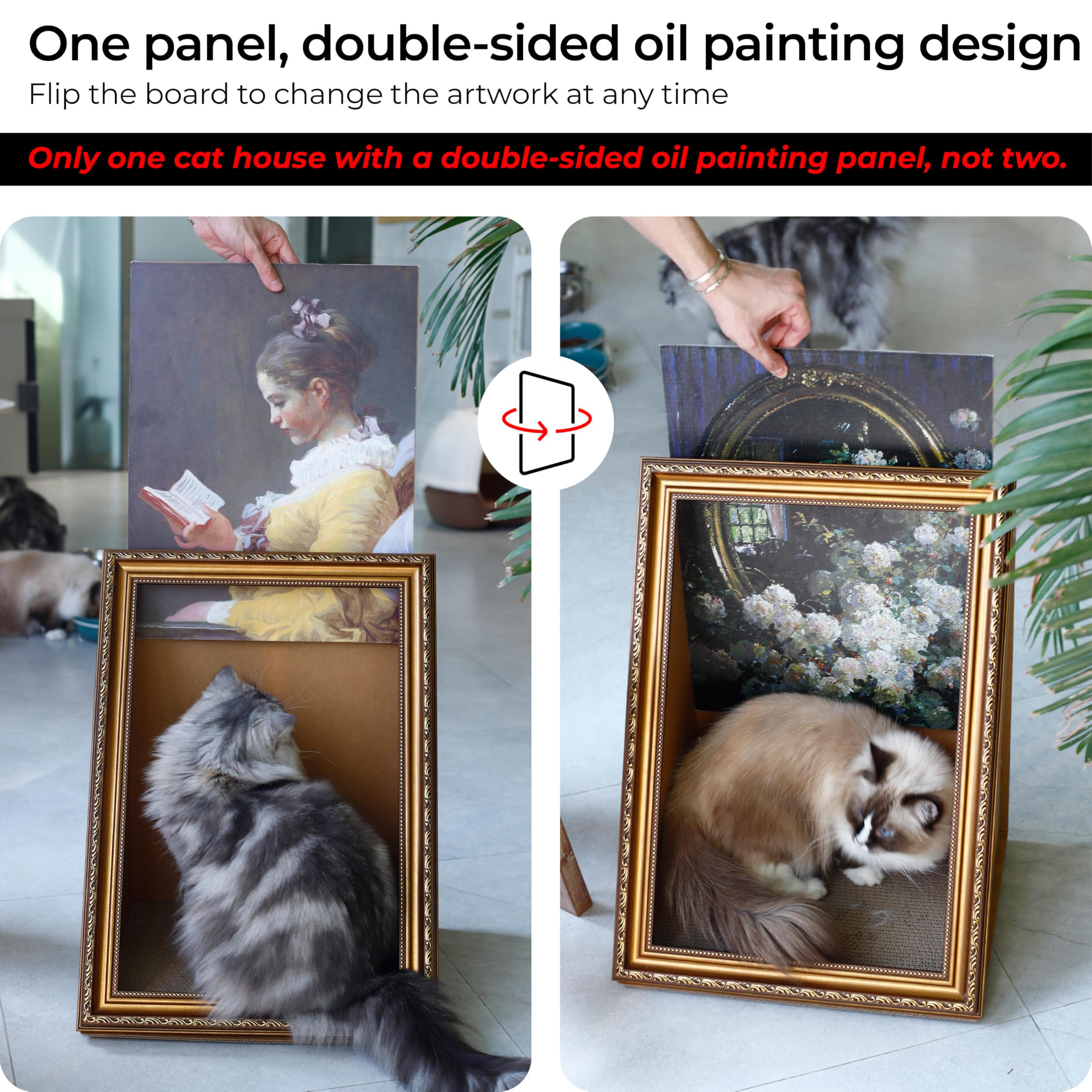 Cat Living In Famous Painting - Double-Sided Oil Painting Cat House With Scratcher Vintage Art Picture Frame Cardboard House Eas