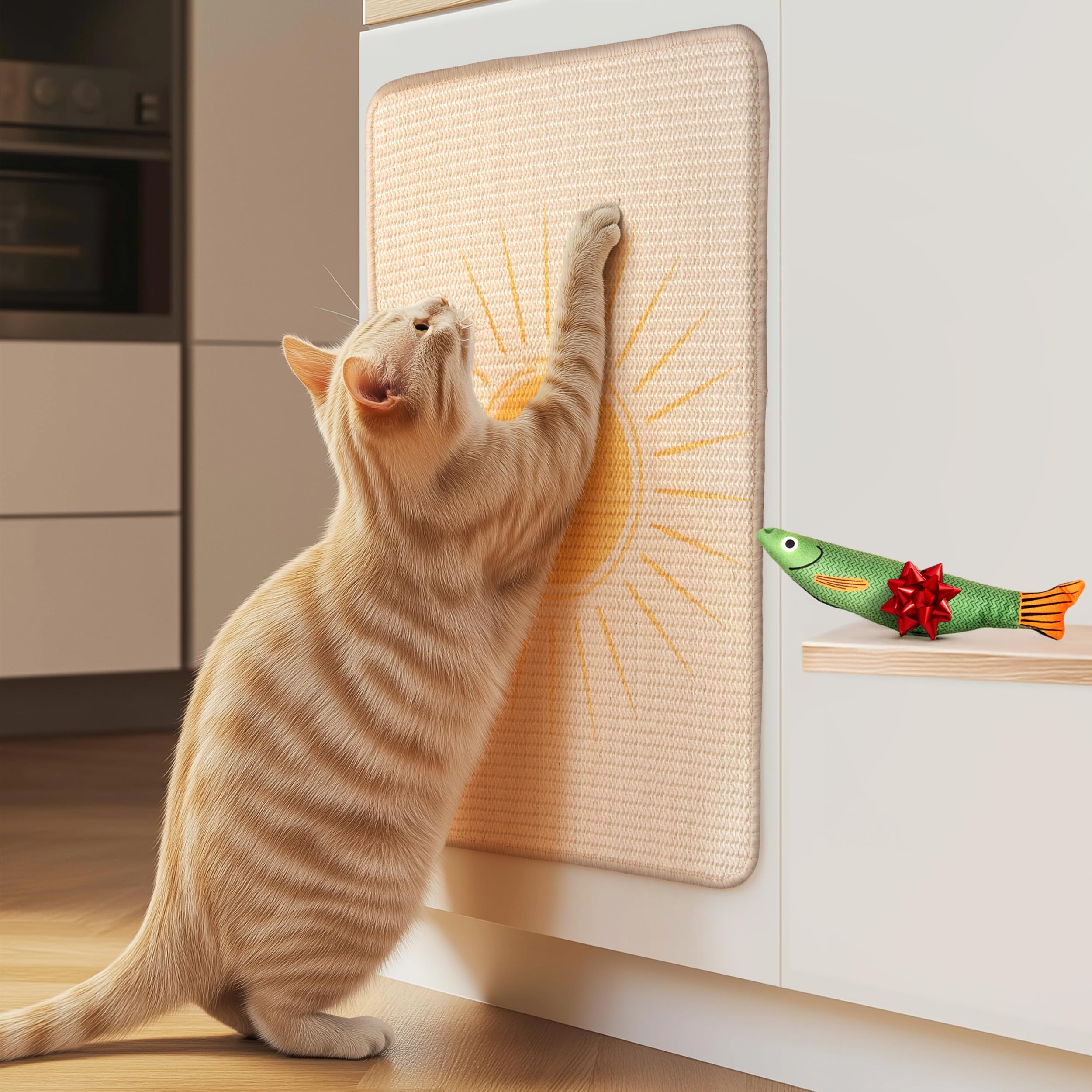 Evomotive Sisal Cat Scratcher, Catnip Fish Toy, Cat Wall Scratcher, Couch Protector, Scratching Mat - 24 X 15.8 With 12 Adhesive