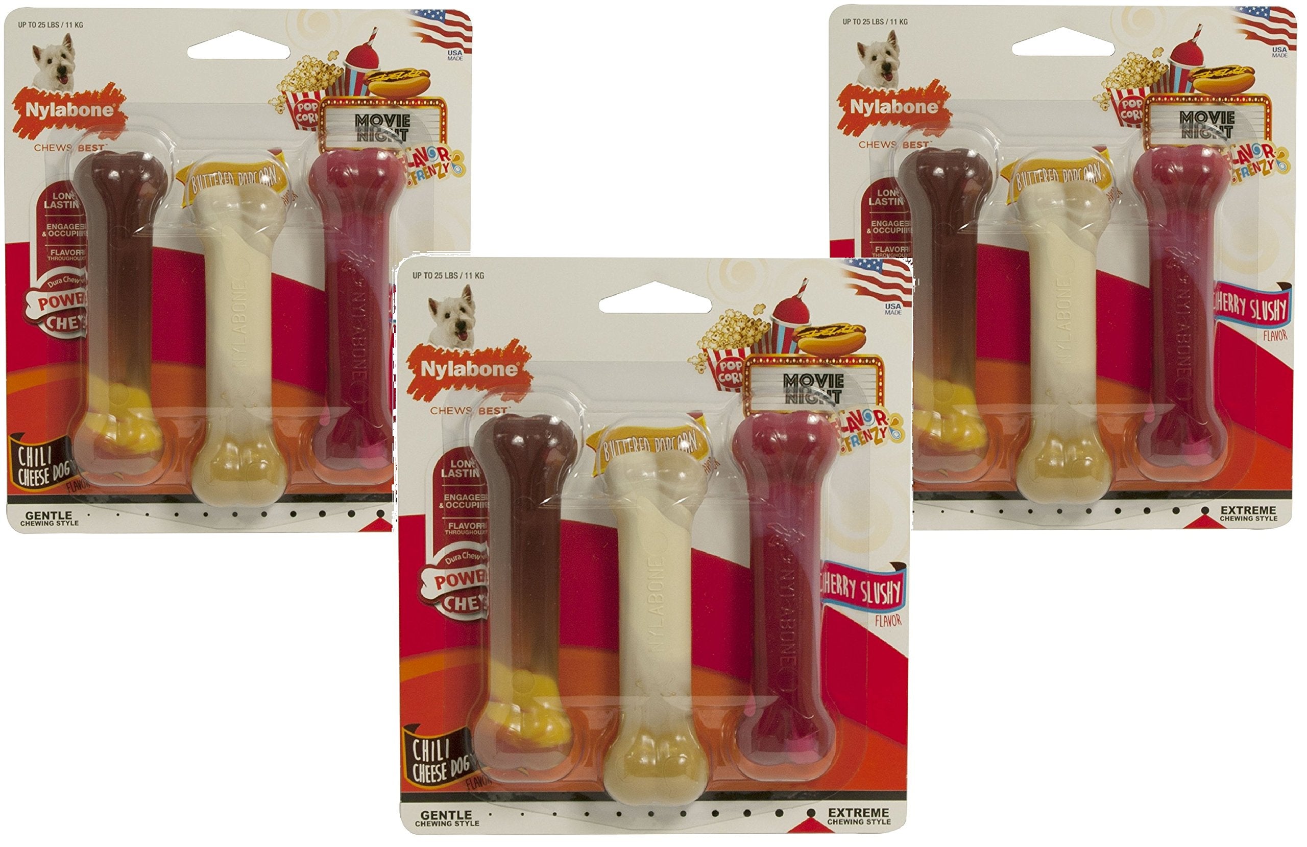 Nylabone 3 Pack Of Flavor Frenzy Power Chew Triple Packs, Wolf, Chili Cheese Dog, Buttered Popcorn And Slushy Flavored Dog Toys