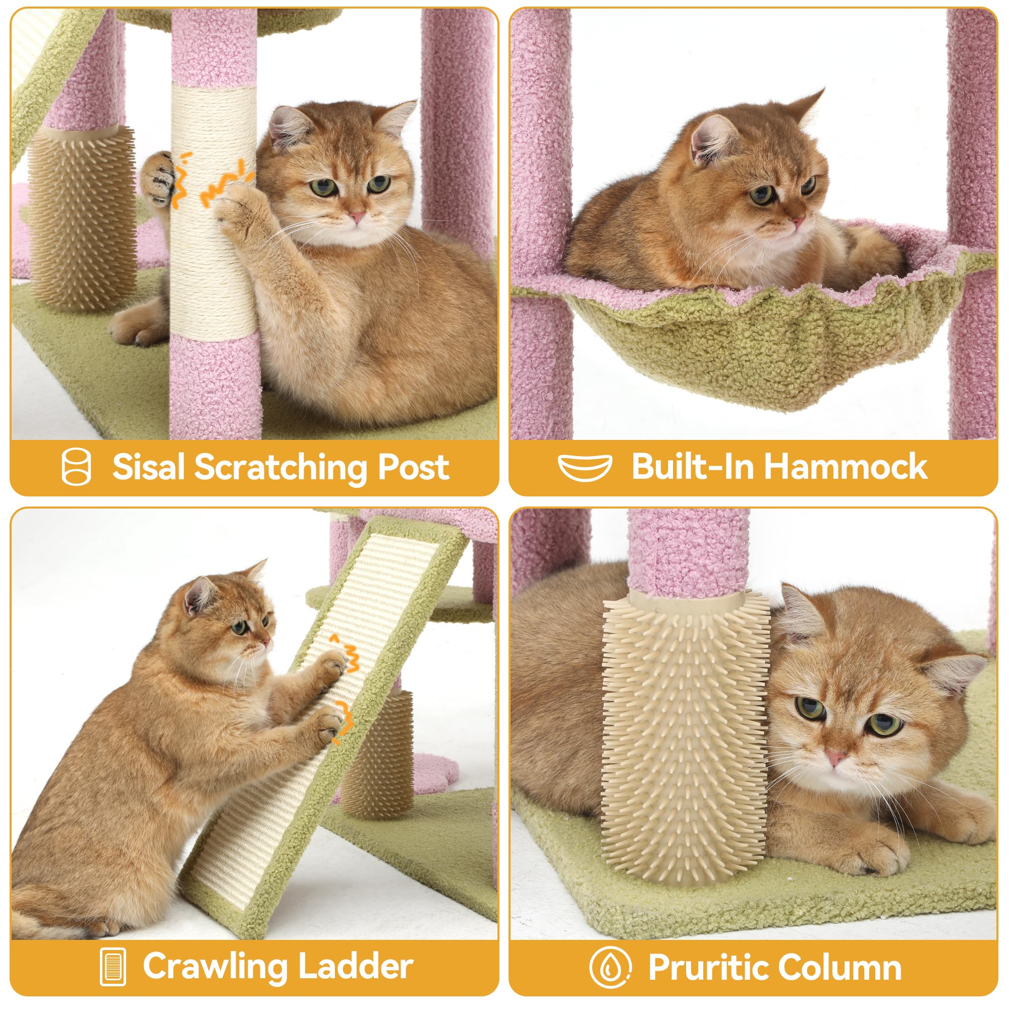 Yitahome 61'' Flower Cat Tree, Cat Tree Cute With Large Metal Frame Hammock, Silicone Tickling Column, Cat Scratched Board, 3 Si