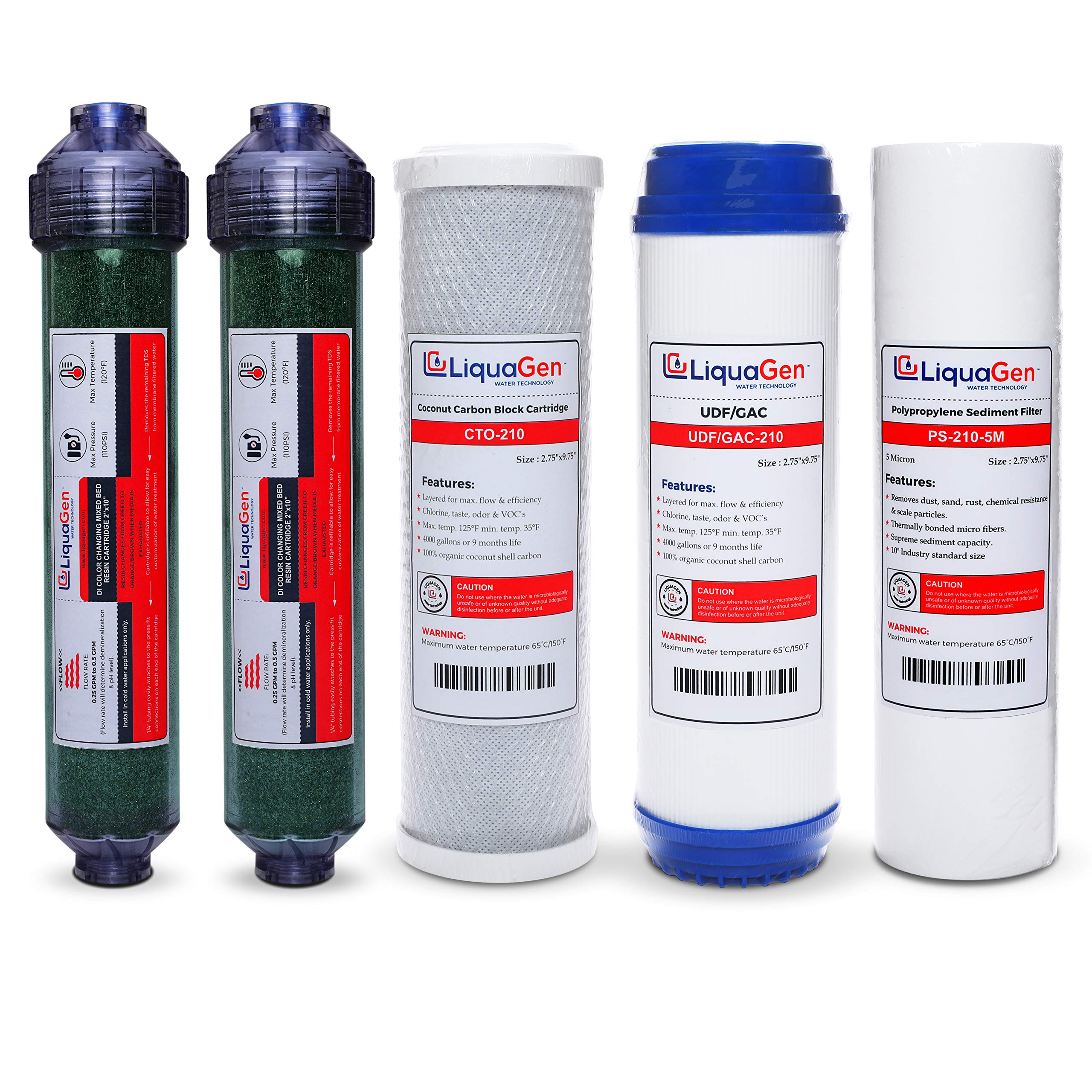 Liquagen- 6 Stage Rodi Yearly Replacement Filter Kit - Pre Filters With Inline Deionization - Stage 1, 2, 3, 5 & 6 | Reverse Osmosis Water Purifier Filter Set For Aquarium Reef, Fish Tank'S & More