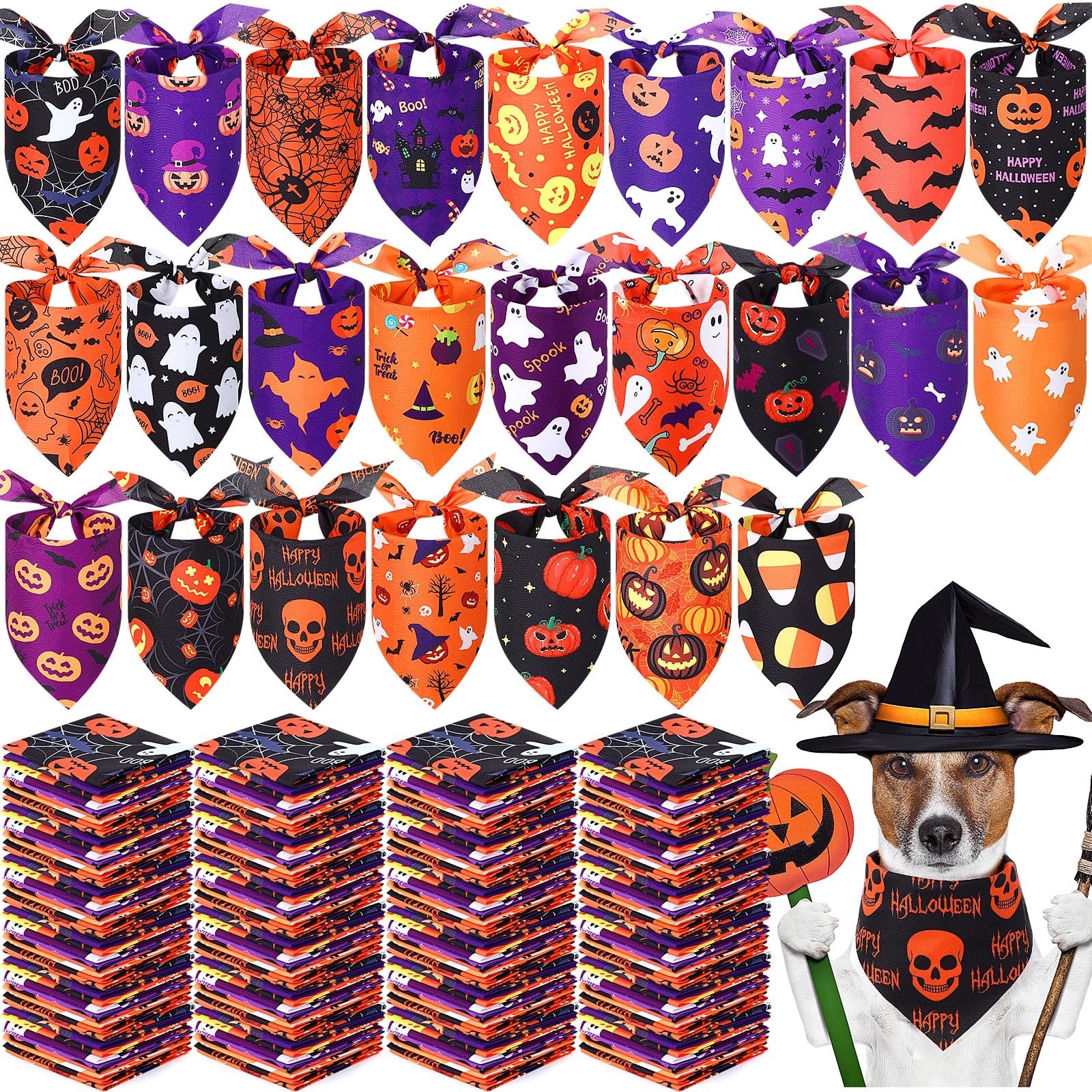 Abbylike 200 Pcs Halloween Dog Bandanas Bulk Pumpkin Bandanas for Dogs Pets Triangle Kerchief Bibs Scarf for Halloween Costume P