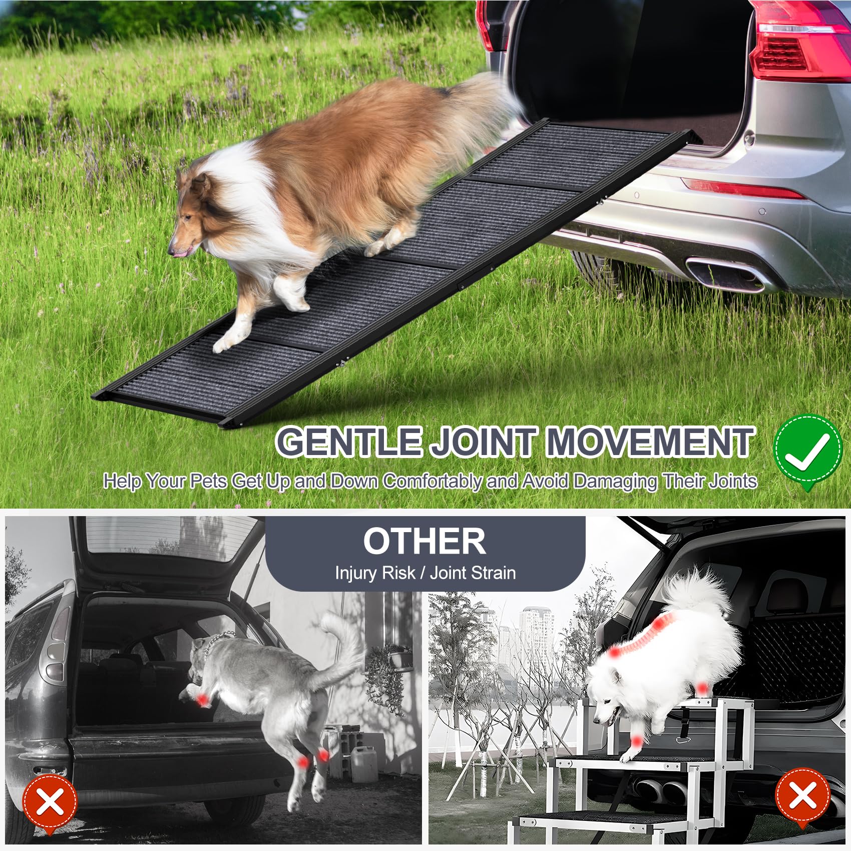 Herccreta Wigge Dog Ramp For Car, 63'' Long & 17'' Wide Folding Portable Pet Stair Ramp With Non-Slip Rug Surface, Extra Wide Do