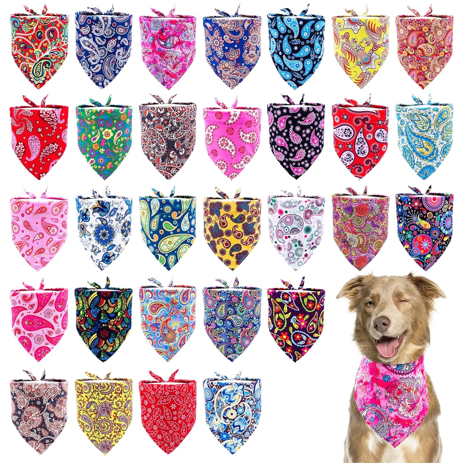 Pai Sence 30 Pack Paisley Dog Bandanas Bulk 33 Inche Extral Large XL Dogs Breed Bandanas Adjustable Polyester Print One Side Tri