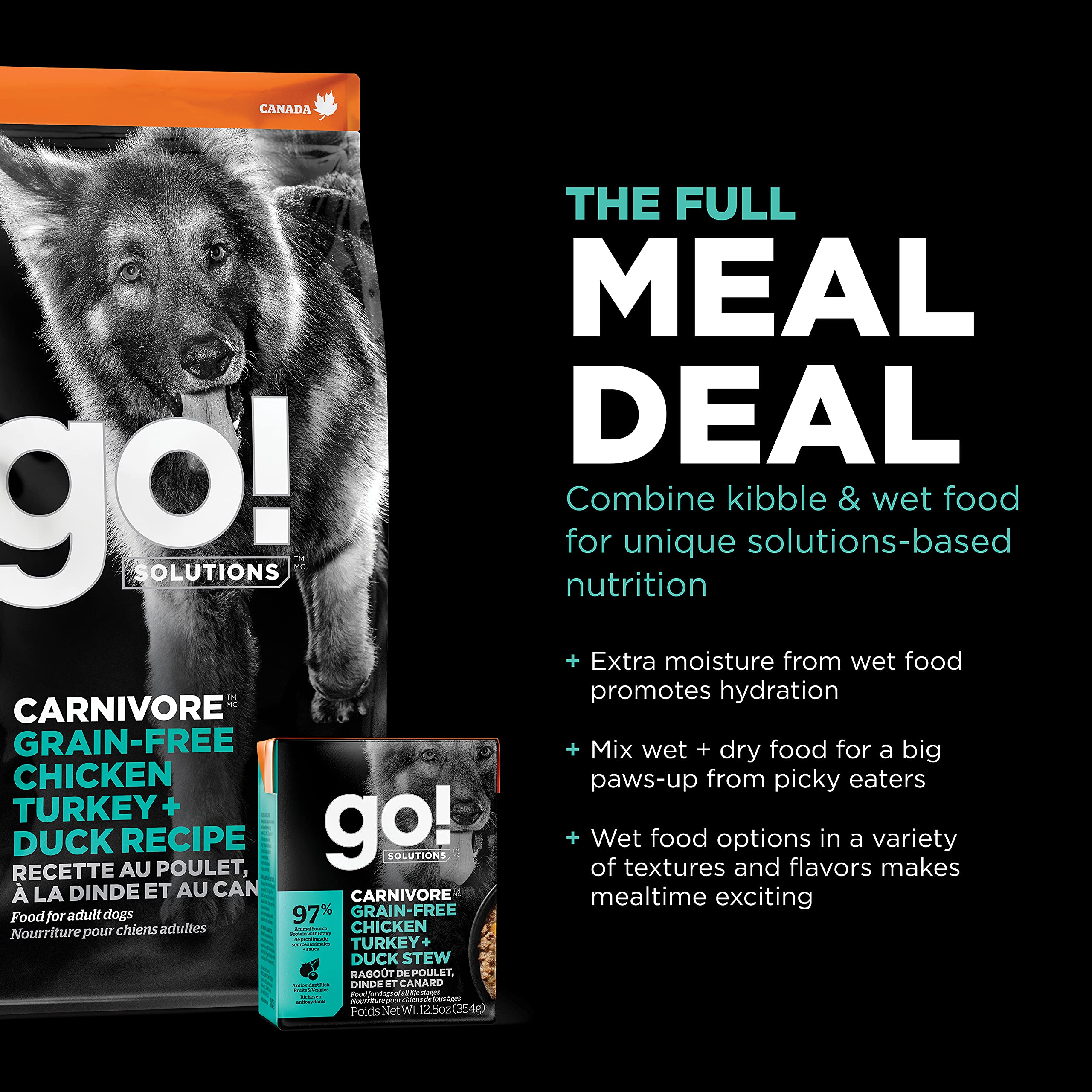Go! Solutions Carnivore Chicken, Turkey & Duck Grain-Free Dog Food, 22 lb Bag, High-Protein Kibble with Pumpkin & Probiotics