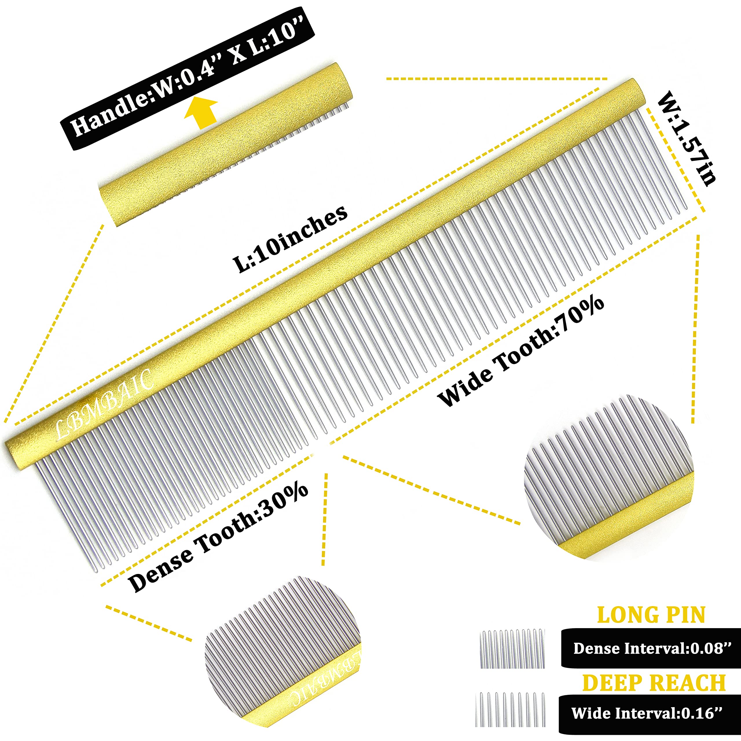 Lbmbaic 10Inches Large Dog Grooming Comb For Shedding Matted Hair For Large Dogs Metal Dog Comb With Long Wide Tooth Comb For Poodles And Goldendoodles Reduce Tangles,Mats And Knots.(Gold)