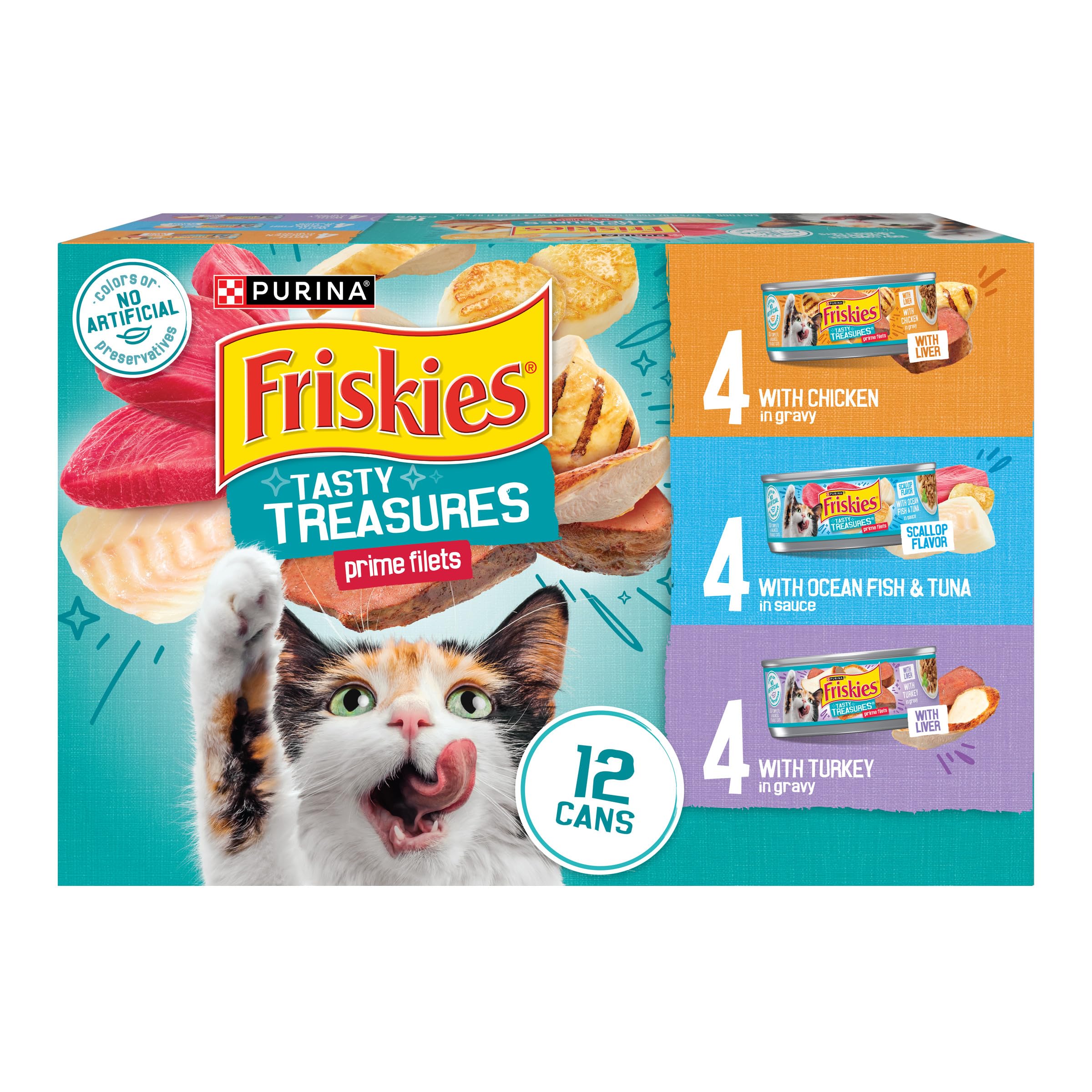 Purina Friskies Wet Cat Food Variety Pack, Tasty Treasures Prime Filets (With Ocean Fish and Tuna, With Chicken and With Turkey)