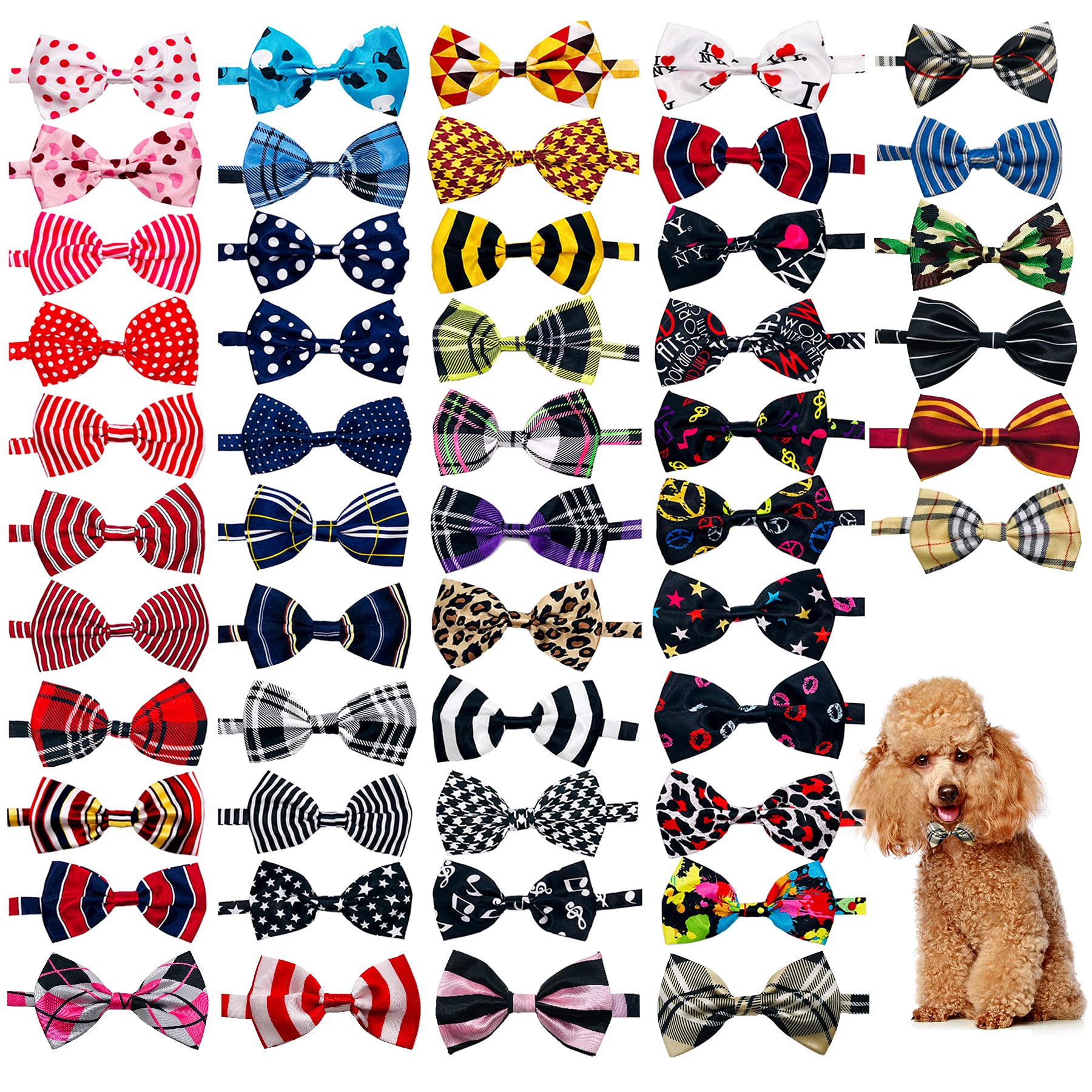 Jpgdn 50Pcs Small Dogs Bowties Bulk For Puppy Doggy Cat Kitten Rabbit Medium Boys And Girls Bow Ties With Polka Dots Checks Stripes Pet Adjustable Collar Neck Bow