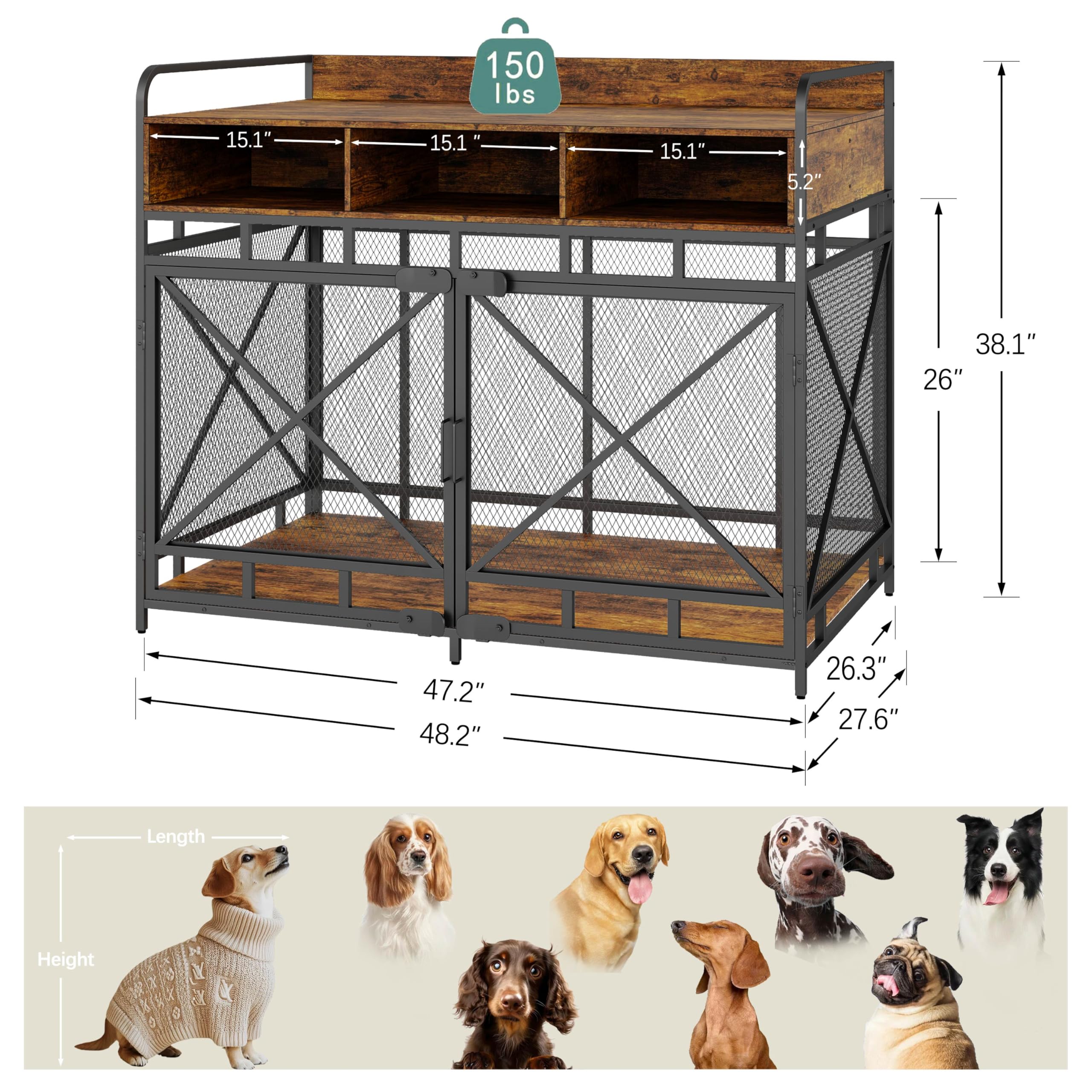 Dog Crate Furniture, 48 Inch Large Dog Kennel End Table with 3 Drawers, Heavy Duty Dog Crate for Large Dogs, Wooden Decorative X