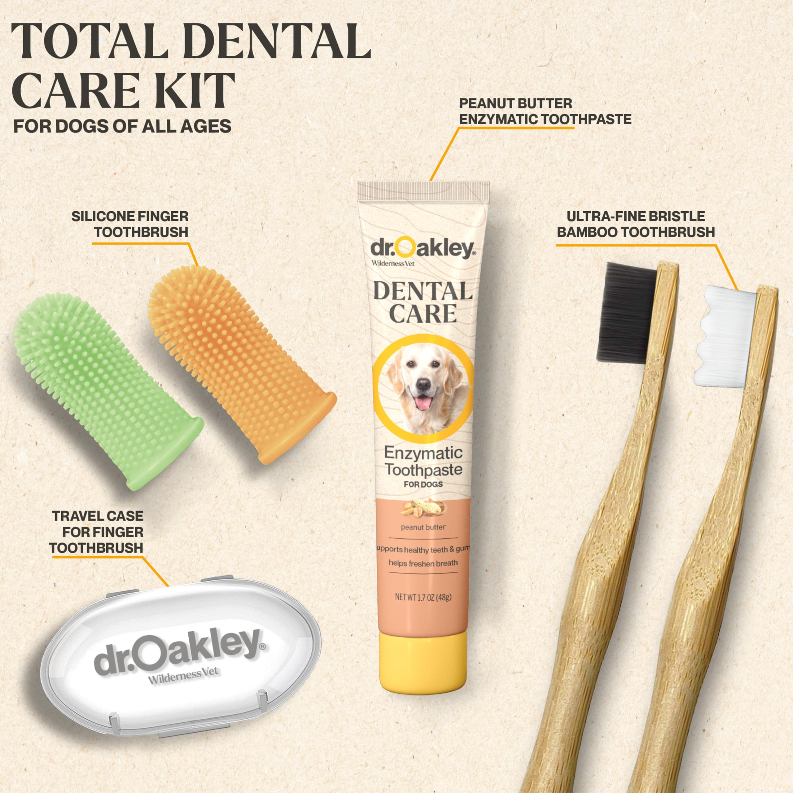 Dr. Oakley Total Dental Care Kit for Dogs: Peanut Butter Flavor - Toothpaste, Brushes, and Case, Natural
