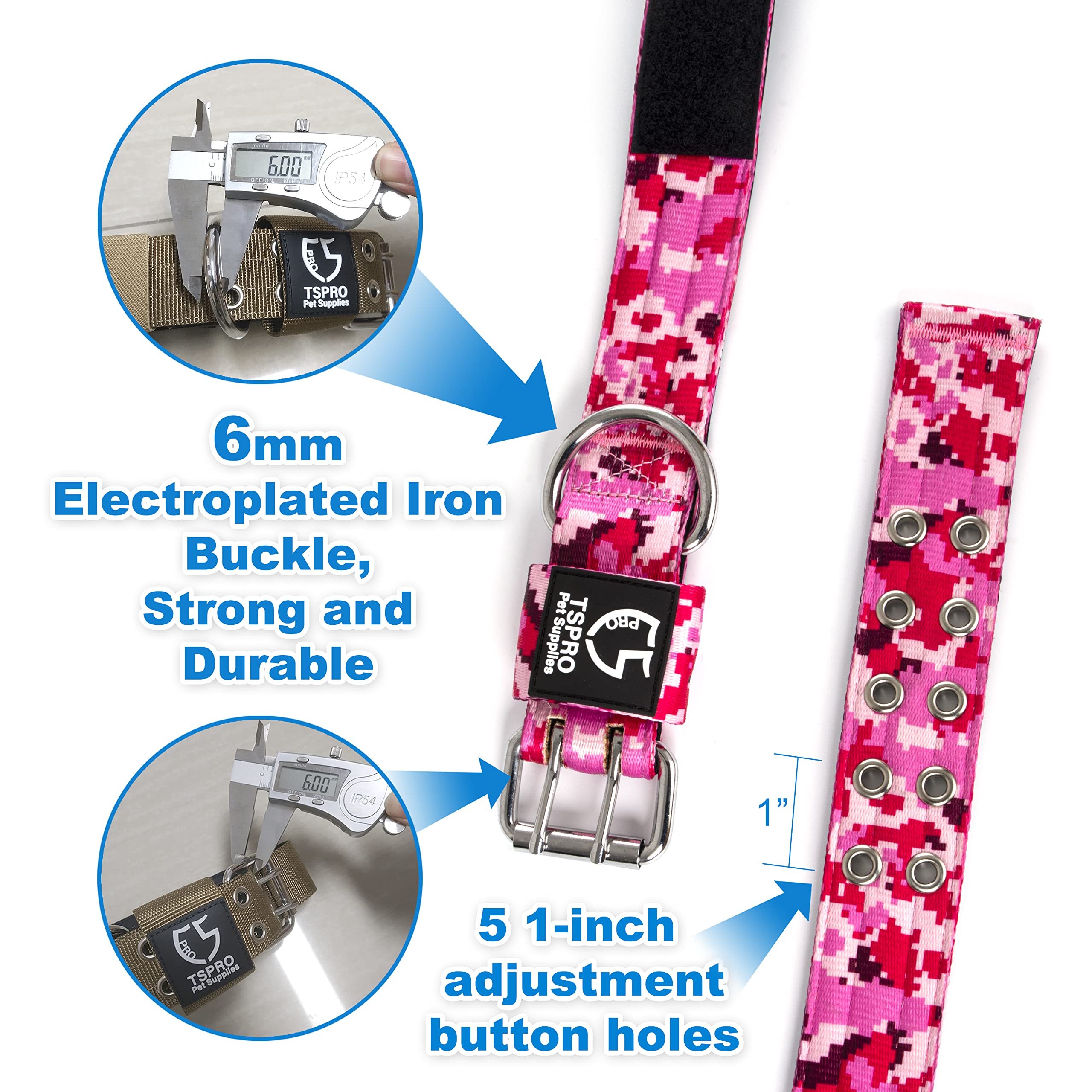 Tspro Tactical Dog Collar With Metal Buckle & Patch, 1.5 Inch Wide, Adjustable, Durable Thick Collar For Medium To Large Dogs (M