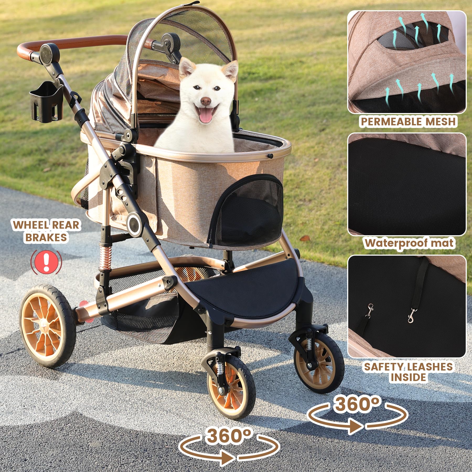 Pet Stroller With 4 Wheels, Foldable Pet Travel Carrier For Small/Medium Dogs Cats Up To 50Lbs, Detachble Portable Pet Bag, Stor