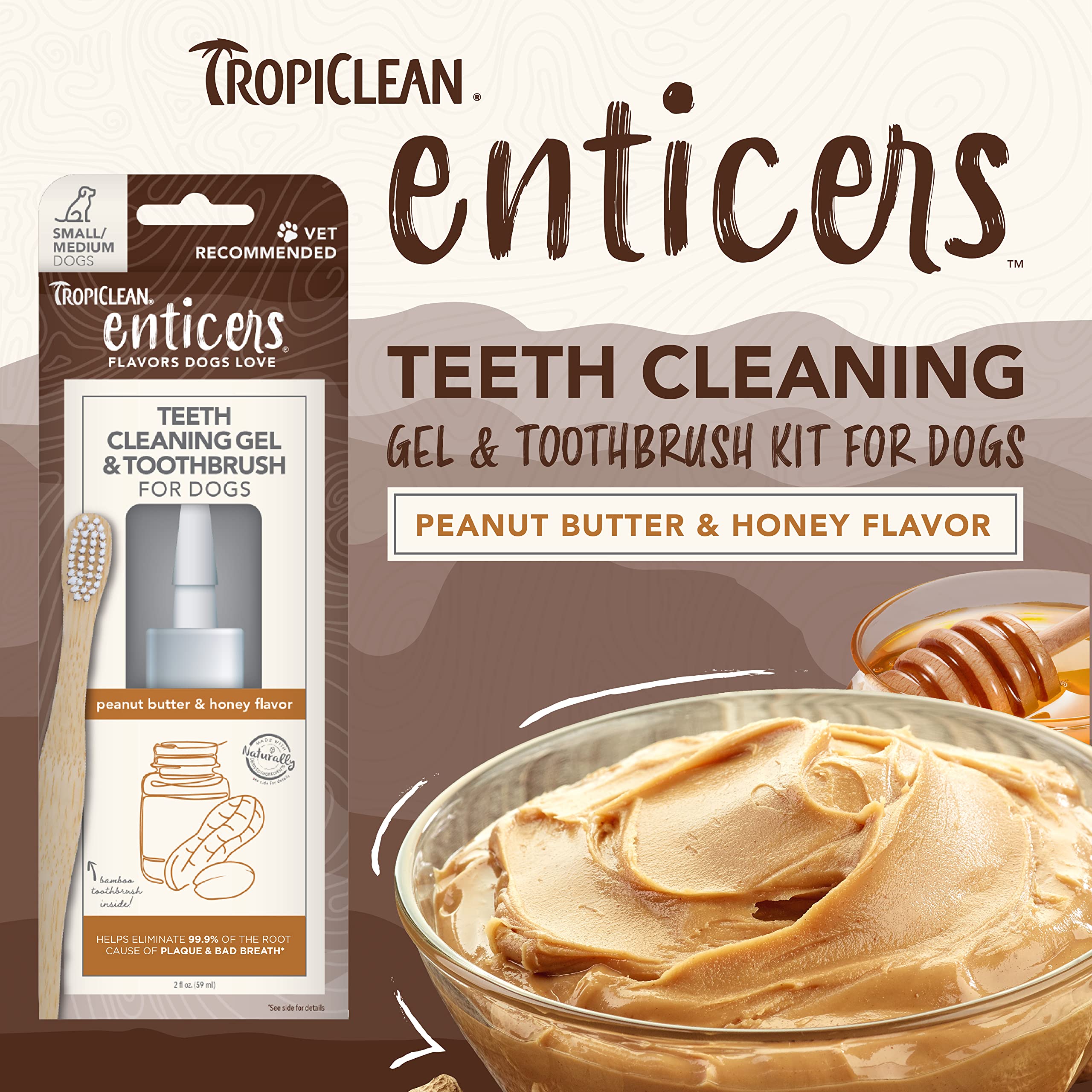 TropiClean Enticers Teeth Cleaning Gel & Toothbrush for S/M Dogs | Peanut Butter & Honey | Bamboo Brush Speeds Up Plaque Removal