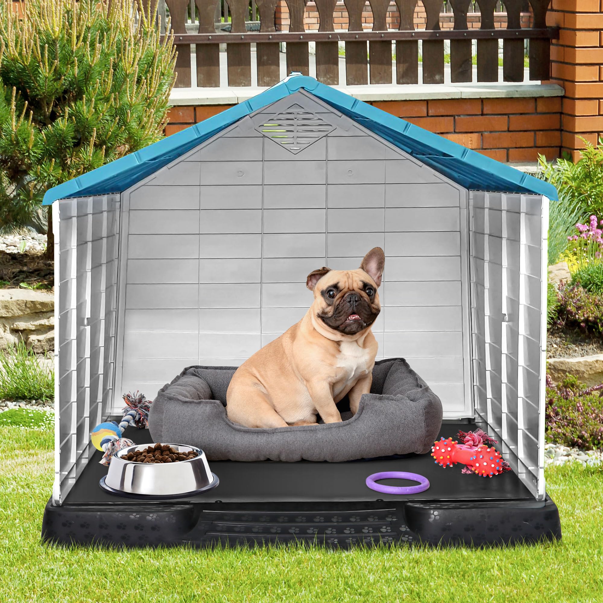Large Dog House Indoor Outdoor Plastic Durable Dog House Insulated Puppy Shelter With Air Vents Elevated Floor (Blue, 28Inch)