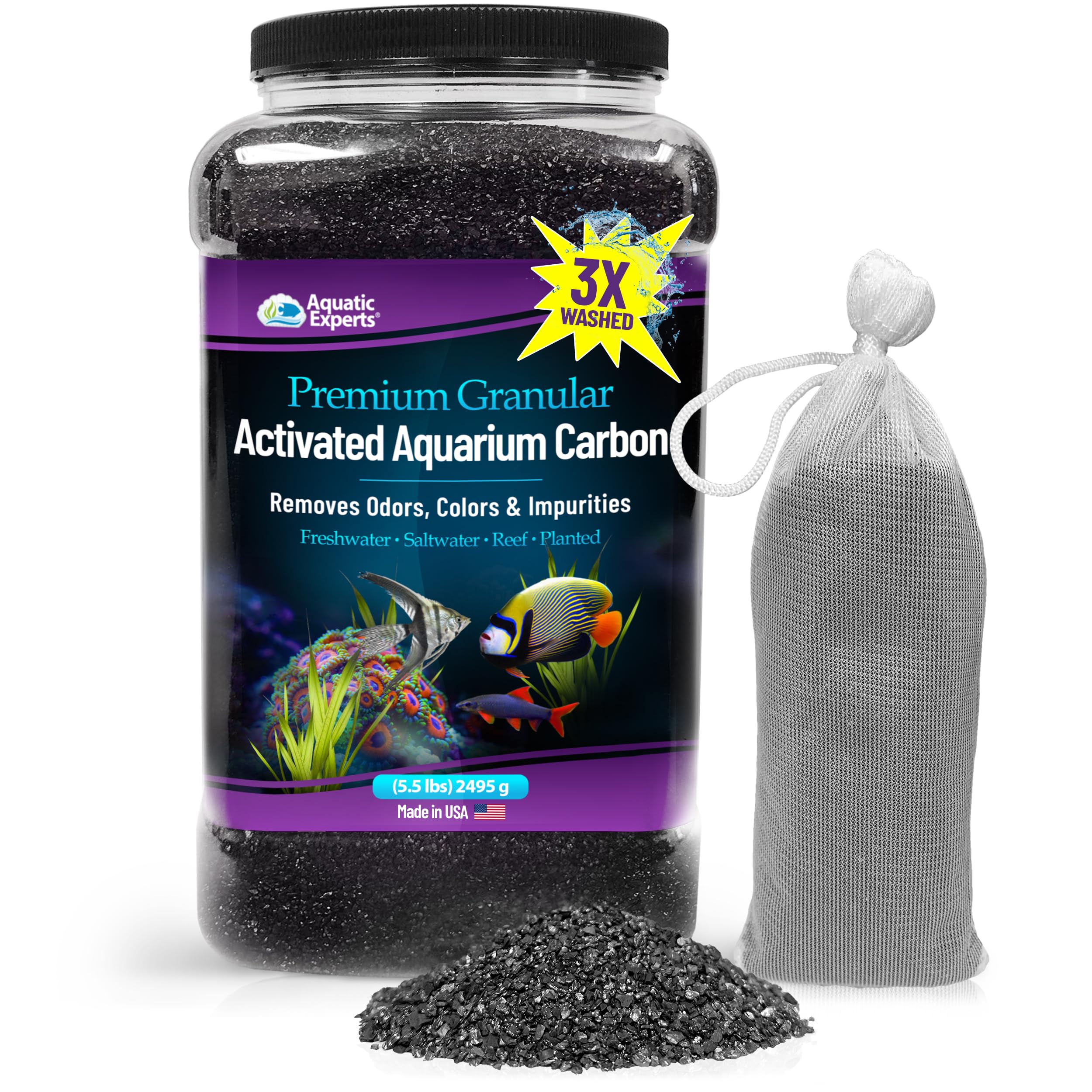Premium Activated Carbon - Aquarium Carbon Media - Charcoal For Fish Tanks - Aquarium Filter Charcoal Media (Granulated, 5.5 Lbs With Fine Mesh Bag)