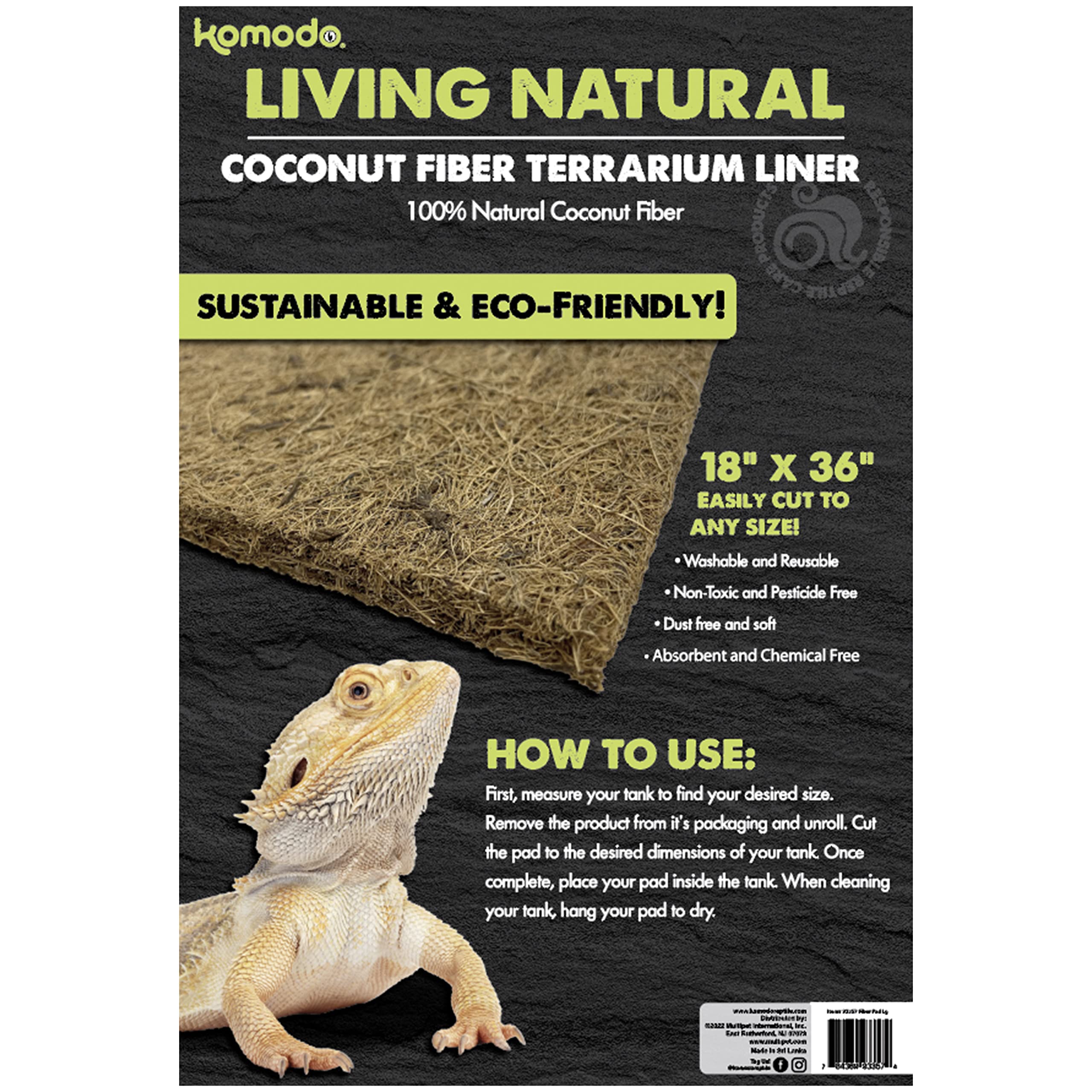 Komodo Fiber Pad | 100% Natural Coconut Fiber Reptile Terrarium Liner | Washable And Reusable| Non-Toxic With No Harmful Chemicals | Fits Up To 18' By 36' Tank