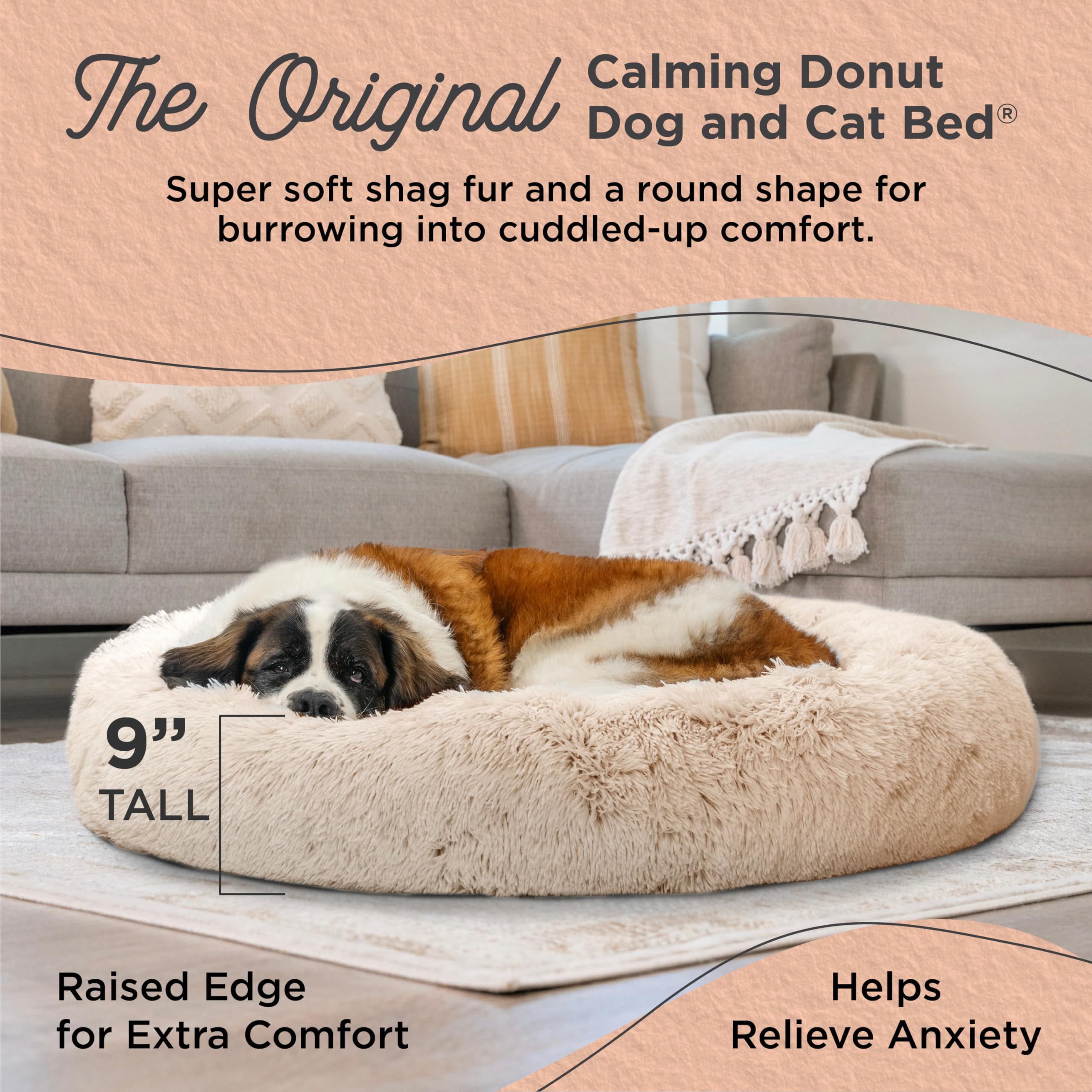 Best Friends By Sheri The Original Calming Donut Dog And Cat Bed In Shag Fur, Taupe, Extra Large, 45X45