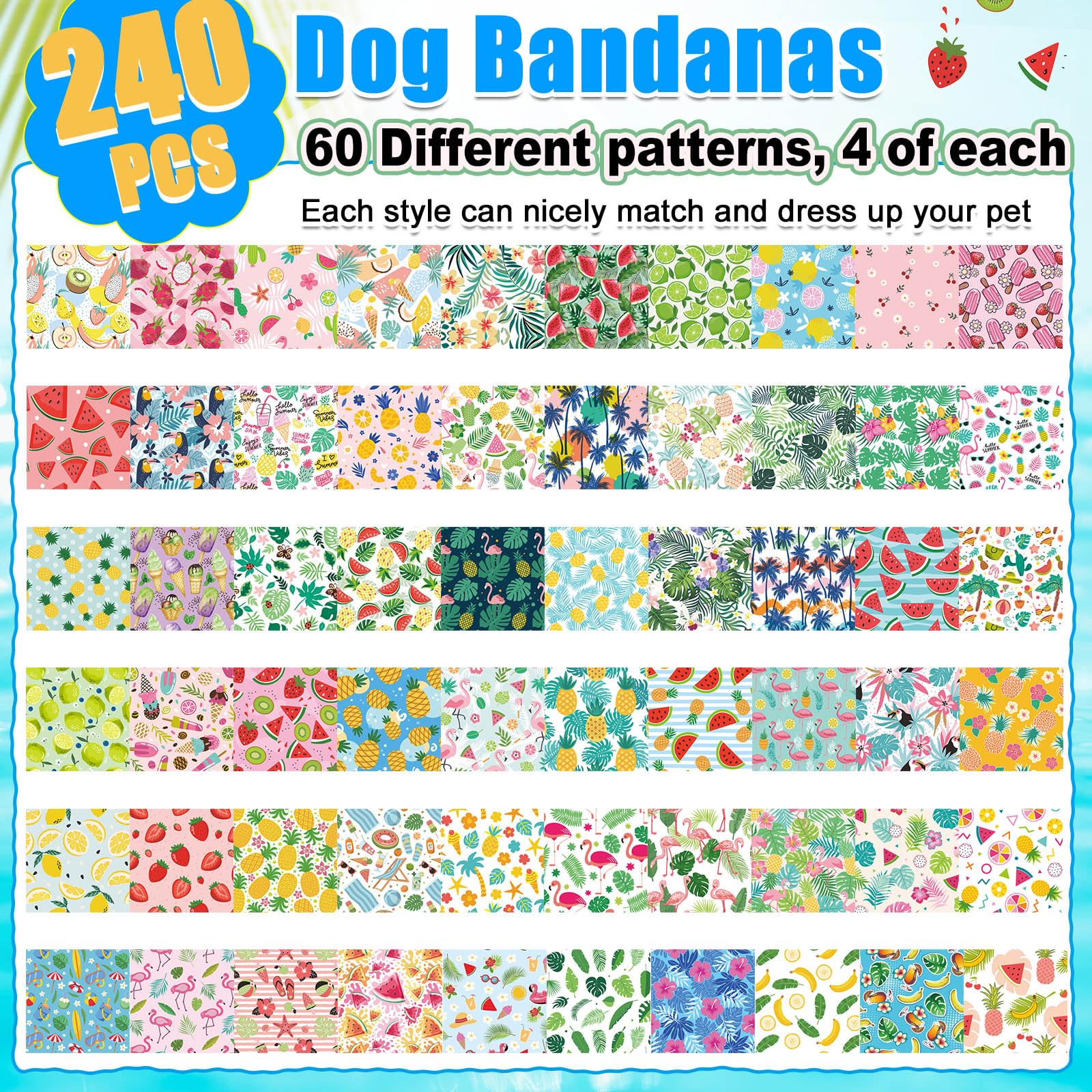 Geyoga 240 Pcs Dog Bandanas Bulk Summer Fruit Bandanas for Dogs Triangle Pet Bibs Scarf Adjustable Neckerchief for Puppy Small M