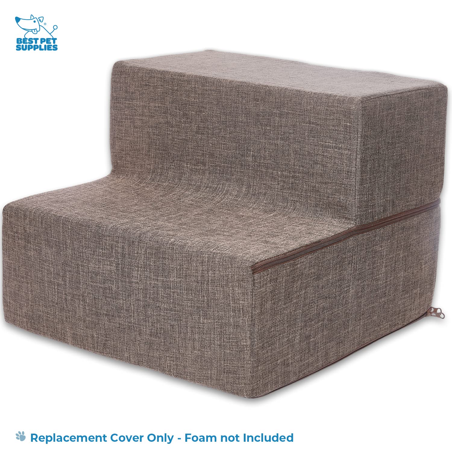 Best Pet Supplies Foldable Pet Stairs Cover For Foam Dog Ramps, Replacement Slip With Non-Slip Step Surface, Plush And Soft Fabric, Provides Paw Traction And Stability - Brown Linen, 2-Step