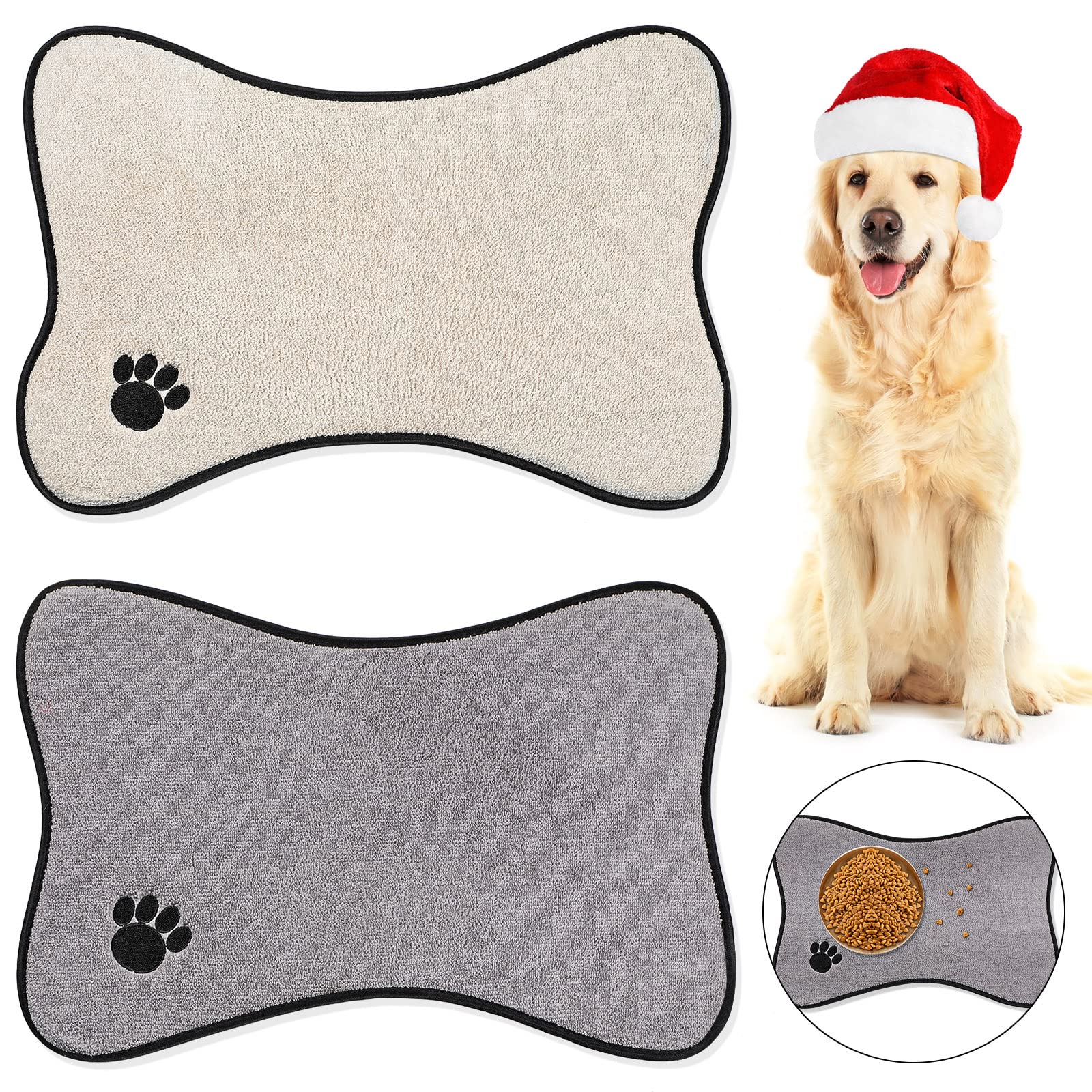 Breling Dog Mat for Food and Water 2 Pieces Bone Shape Non-Slip Pet Feeding Mat for Under Dog Bowls Embroidered Microfiber Pet B