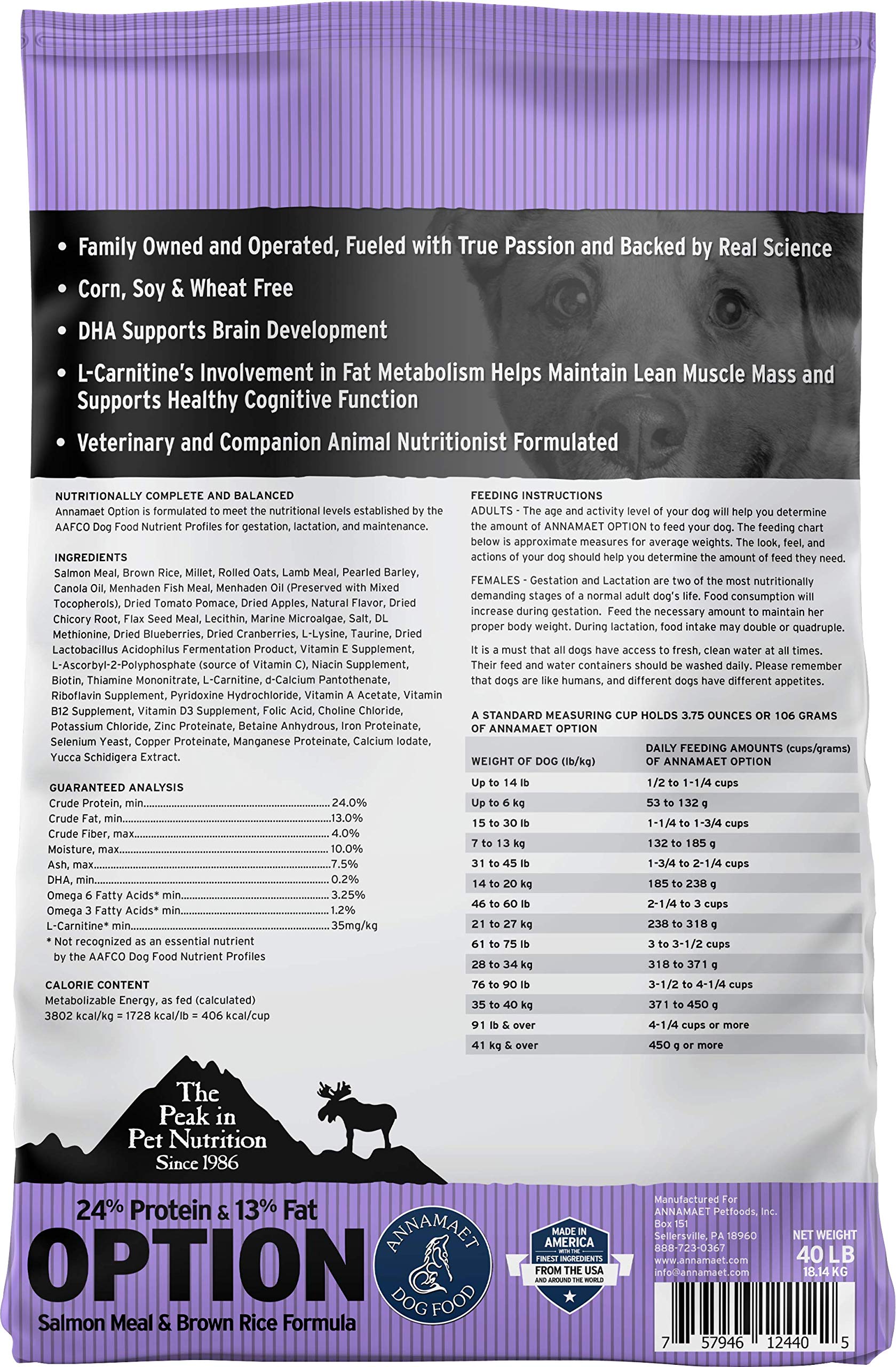 Annamaet Original Option Formula Dry Dog Food, 24% Protein (Salmon & Brown Rice), 40-lb Bag