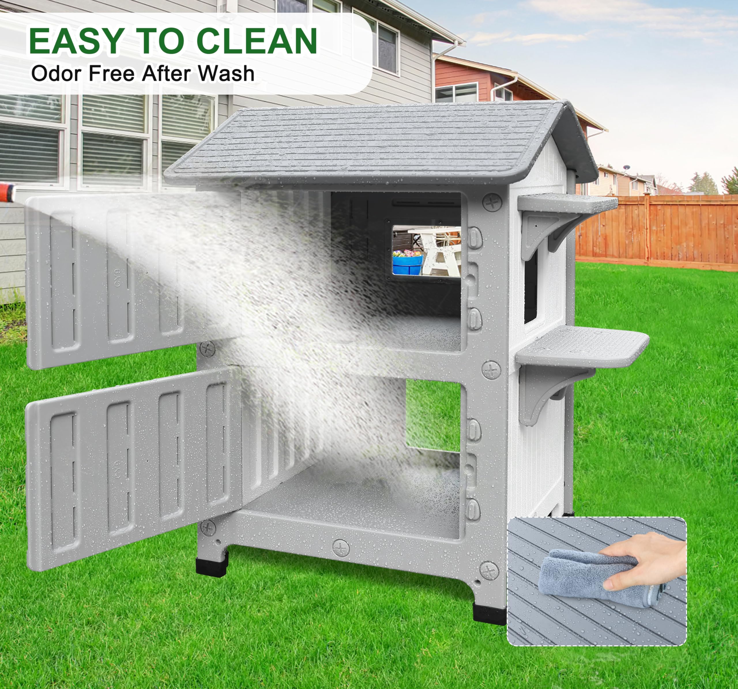 Rockever Luxury Plastic Outdoor Indoor Cat House With Escape Door, Waterproof 2 Story Outdoor Houses For Feral Cats Outside Cat